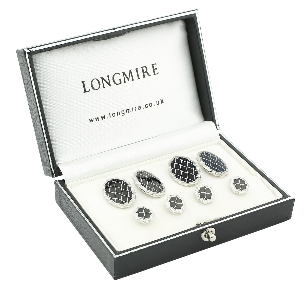wavy black enamel dress set 18ct white gold - boxed