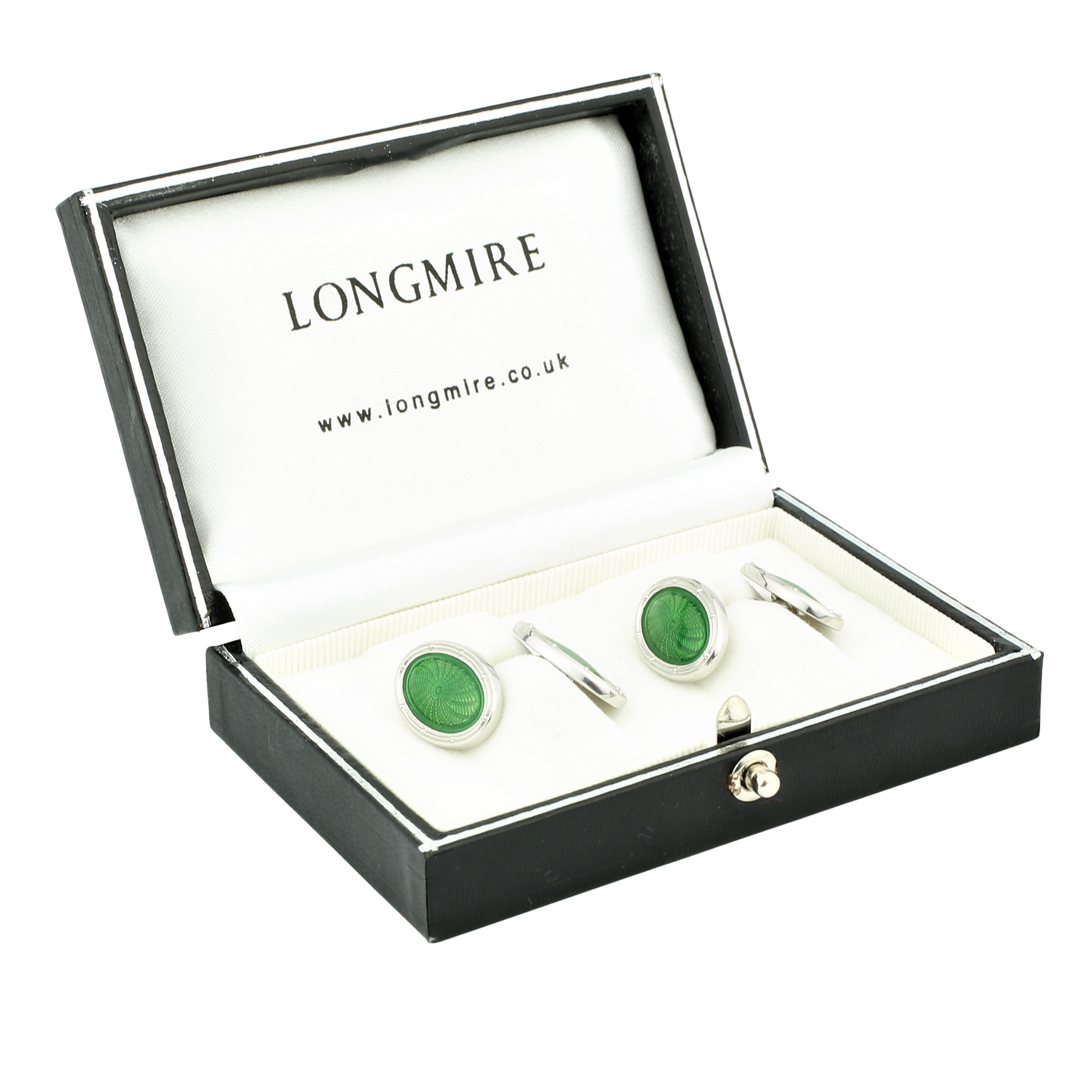SPIRAL PALE GREEN ENAMEL 18ct WHITE GOLD CUFFLINKS - boxed