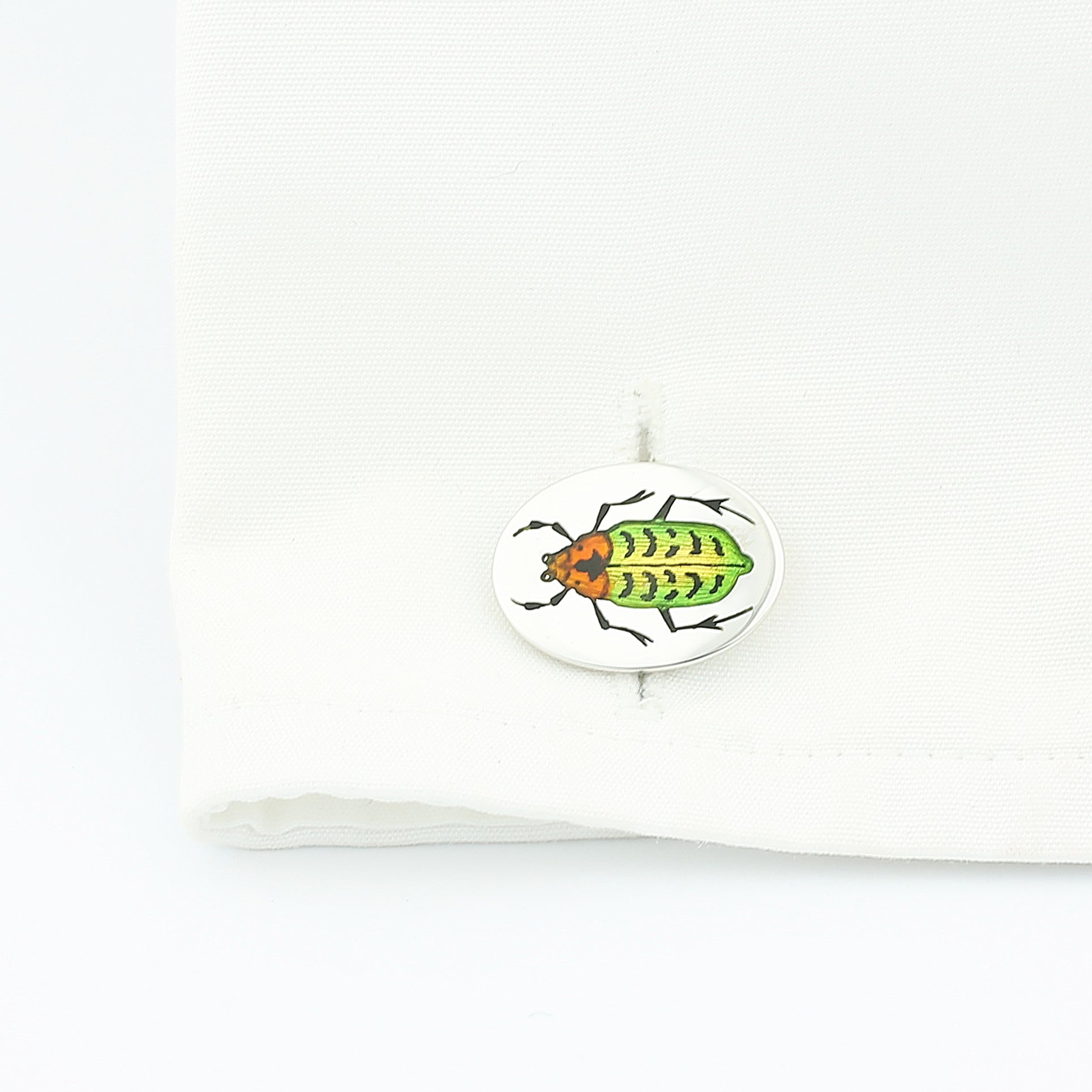 SCARAB hand enamelled 18ct white gold CUFFLINKS - box