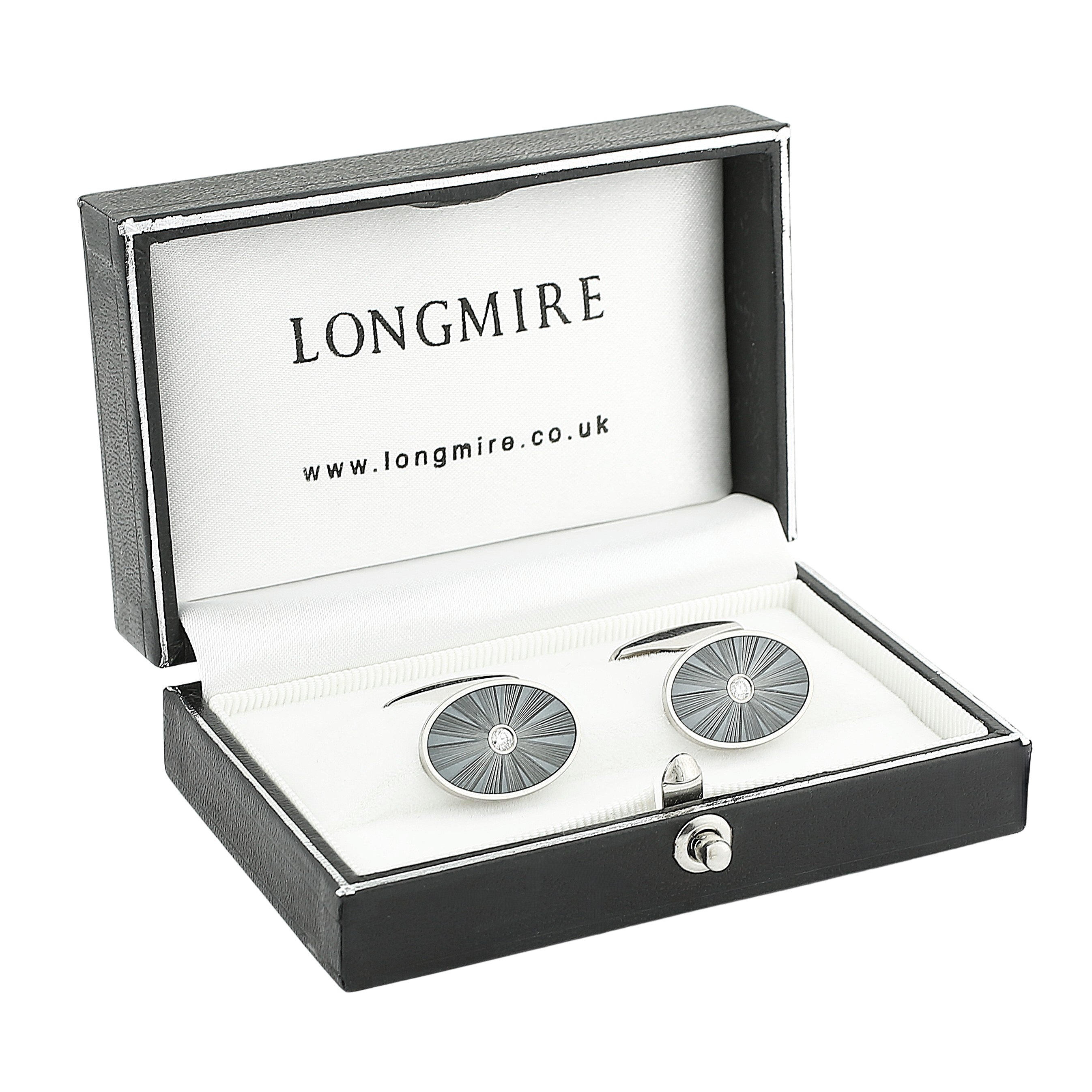 dazzling grey oval with diamond 18ct white gold cufflinks - boxed