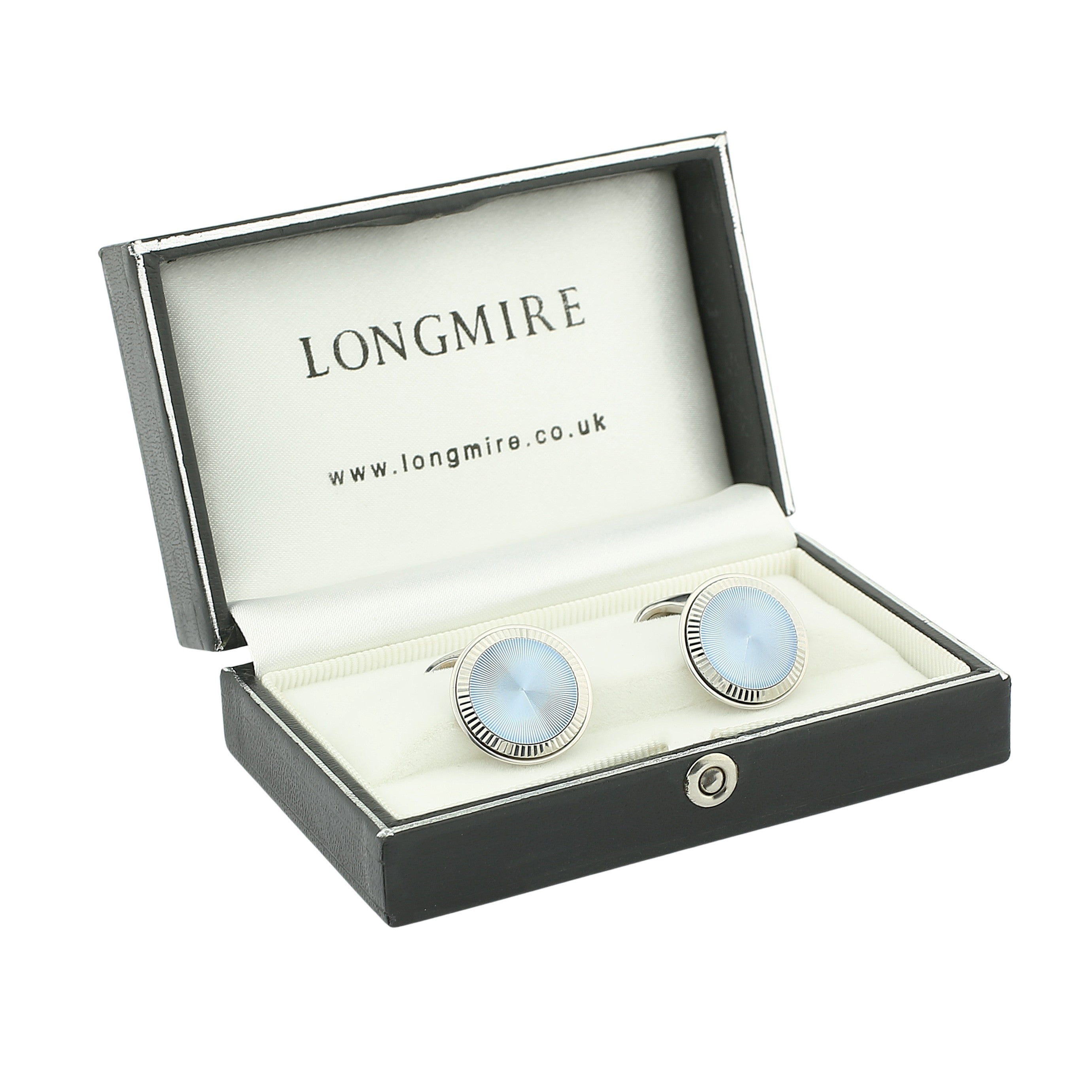 ICE BLUE ENAMEL FLUTED 18ct WHITE GOLD CUFFLINKS - boxed
