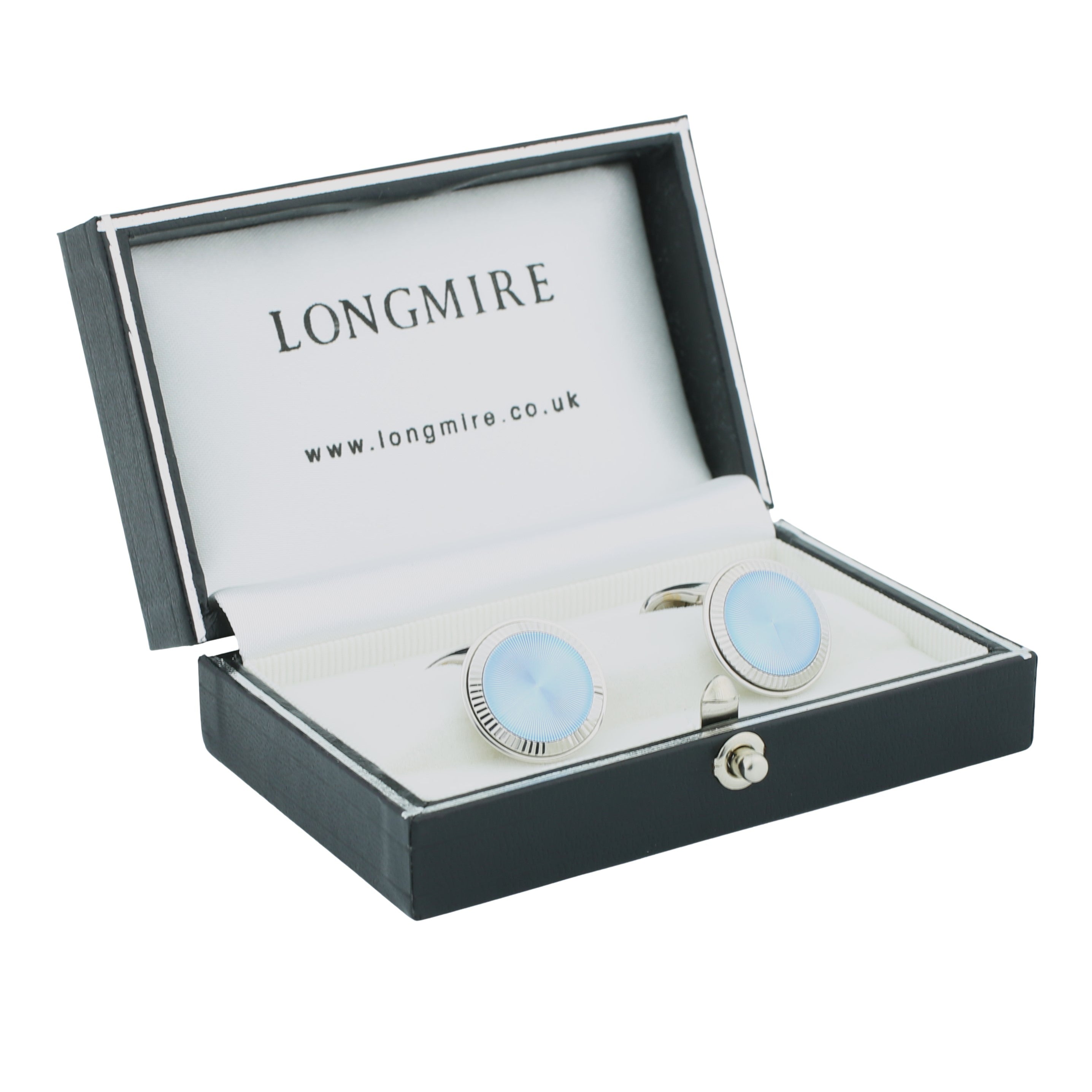 ICE BLUE ENAMEL FLUTED 18ct WHITE GOLD CUFFLINKS - boxed