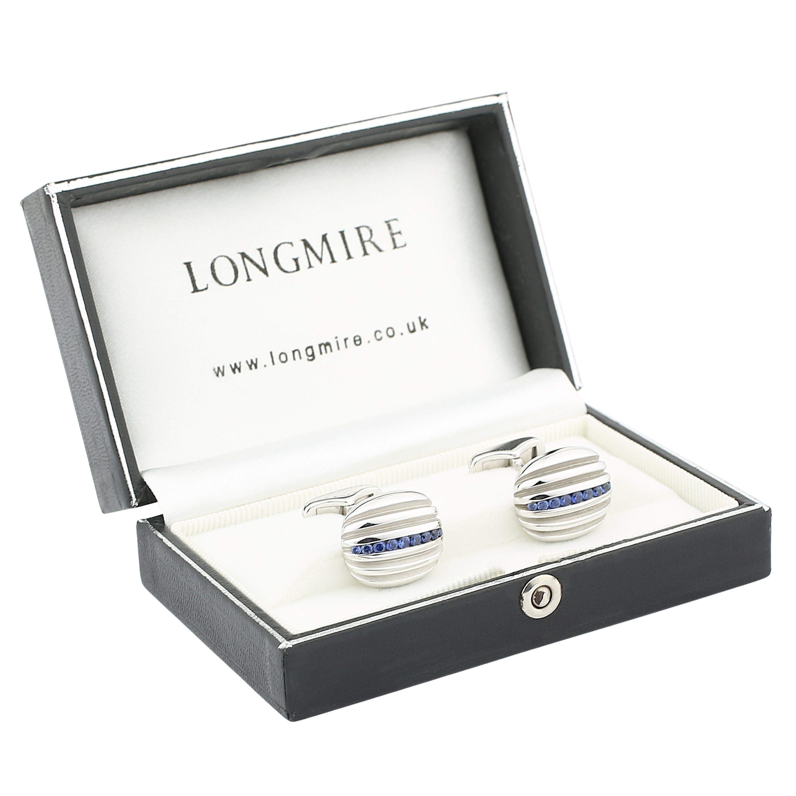 sapphire centred ribbed cushion 18ct white gold cufflinks - boxed