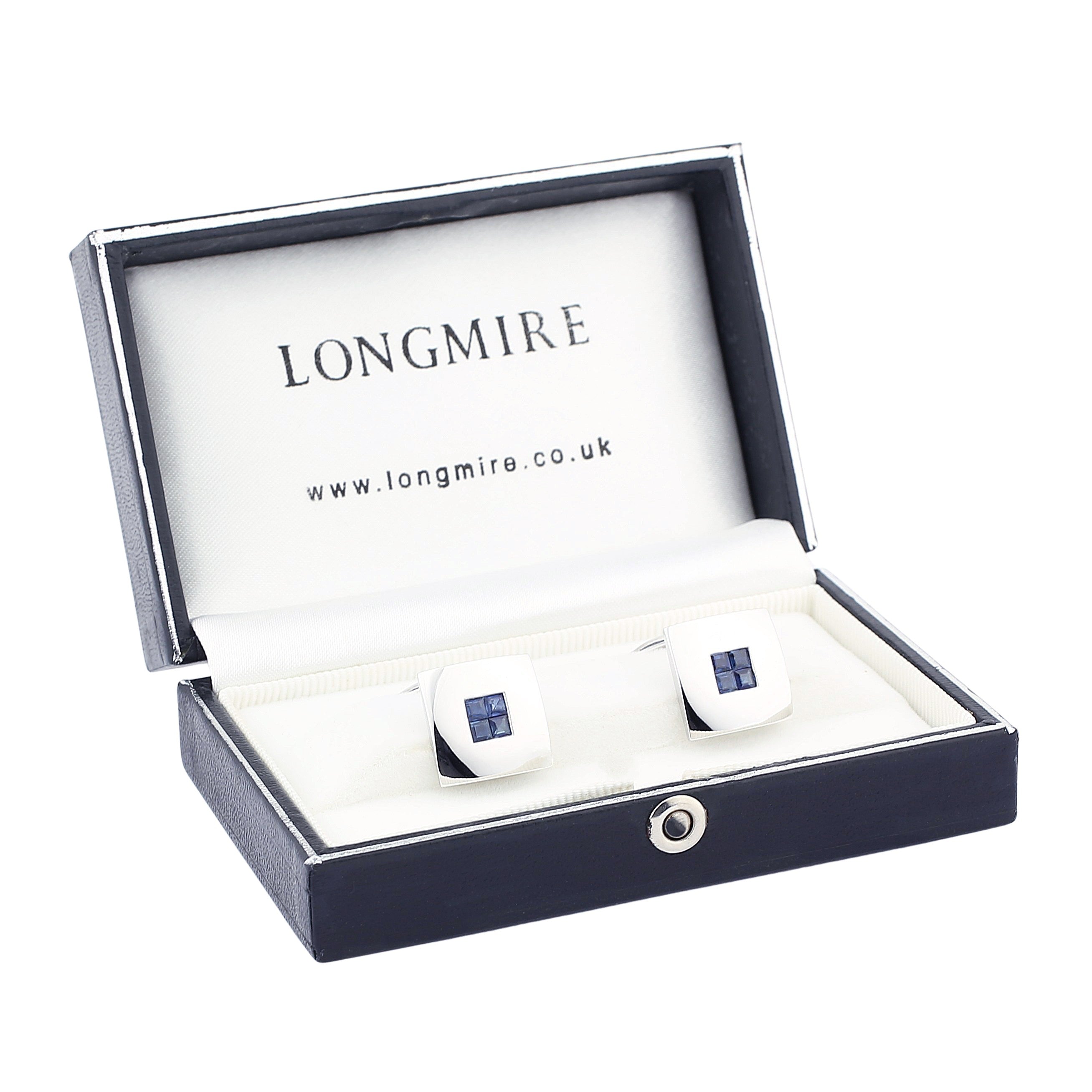 square with sapphire centre 18ct white gold cufflinks - boxed