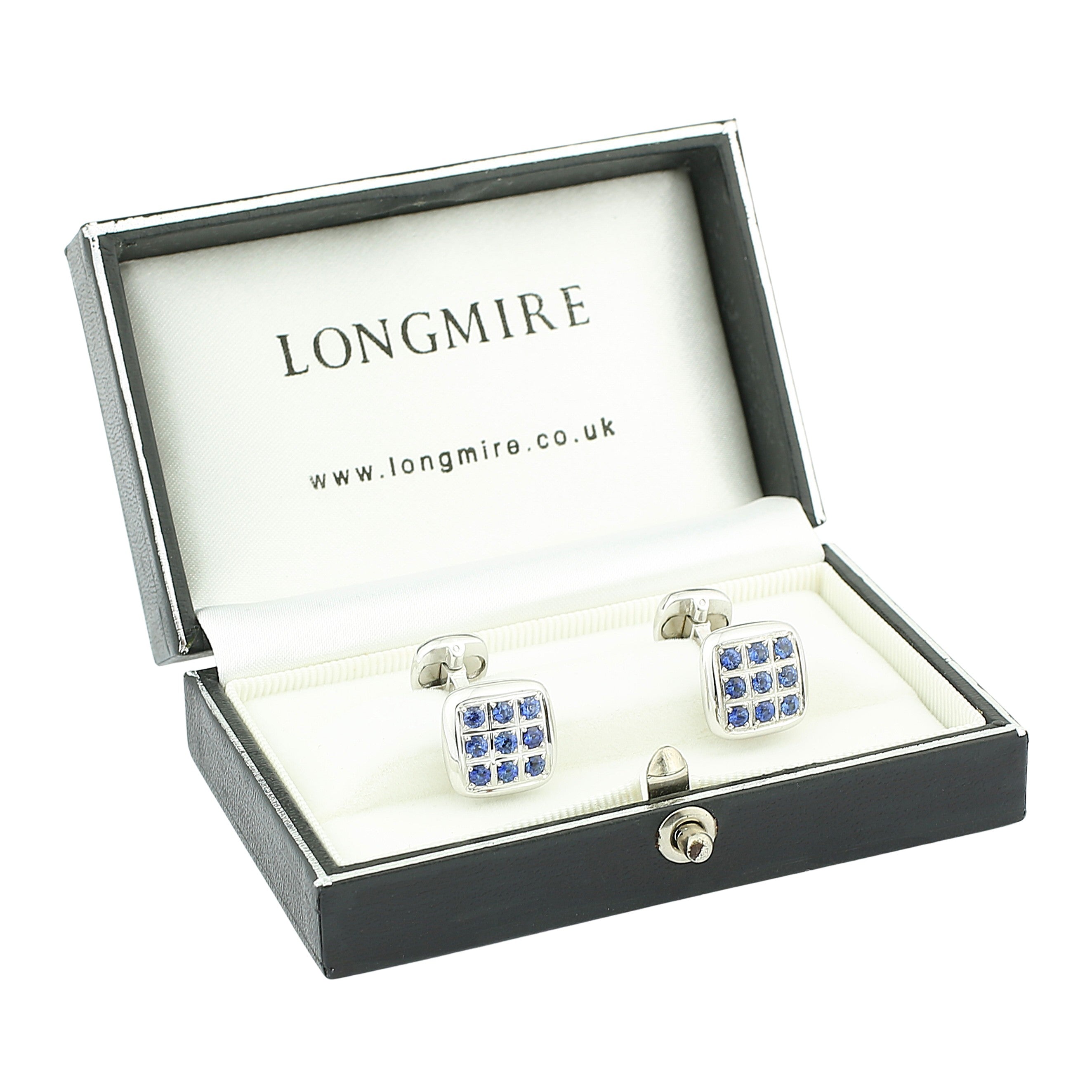 sapphire studded quadrate 18ct white gold cufflinks - boxed