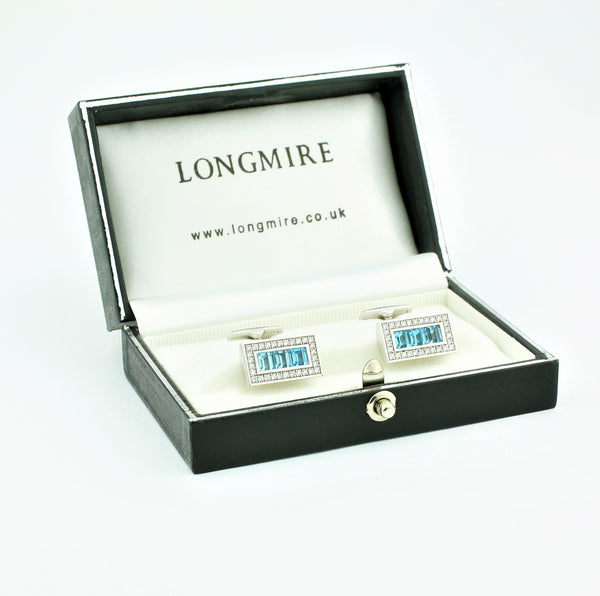 blue topz and diamond oblong cufflinks in 18ct white gold - boxed