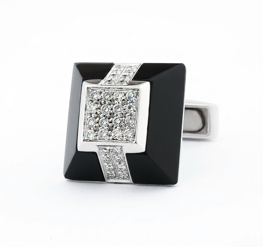 ribboned onyx diamond pyramid 18ct WHITE GOLD CUFFLINKS - main