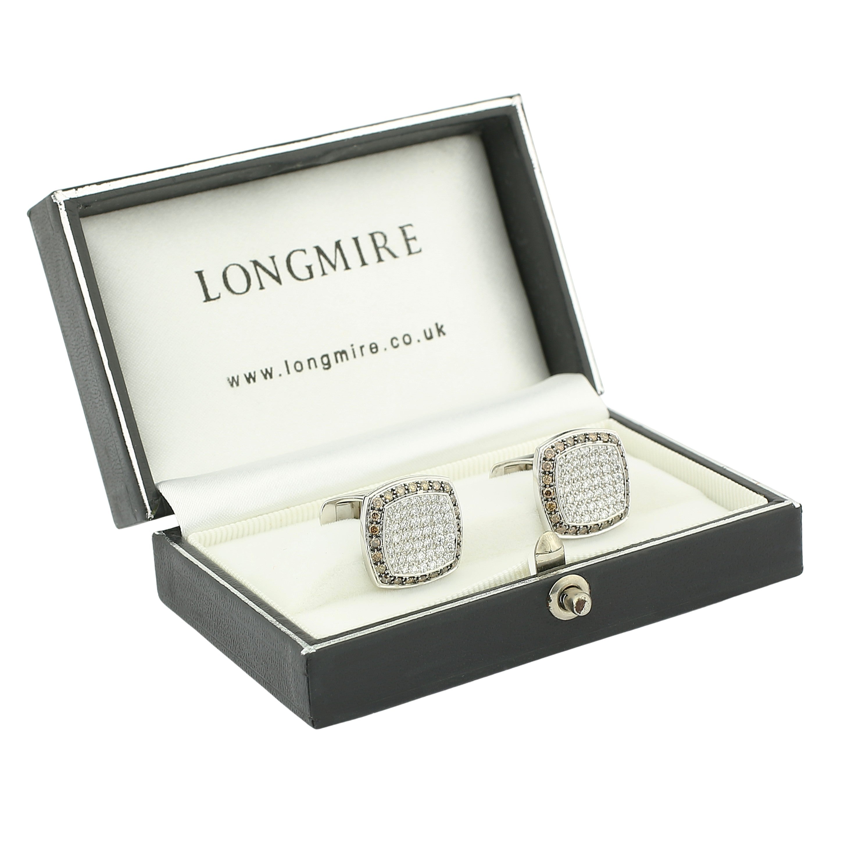 cognac and white diamond square 18ct white gold cufflinks - boxed