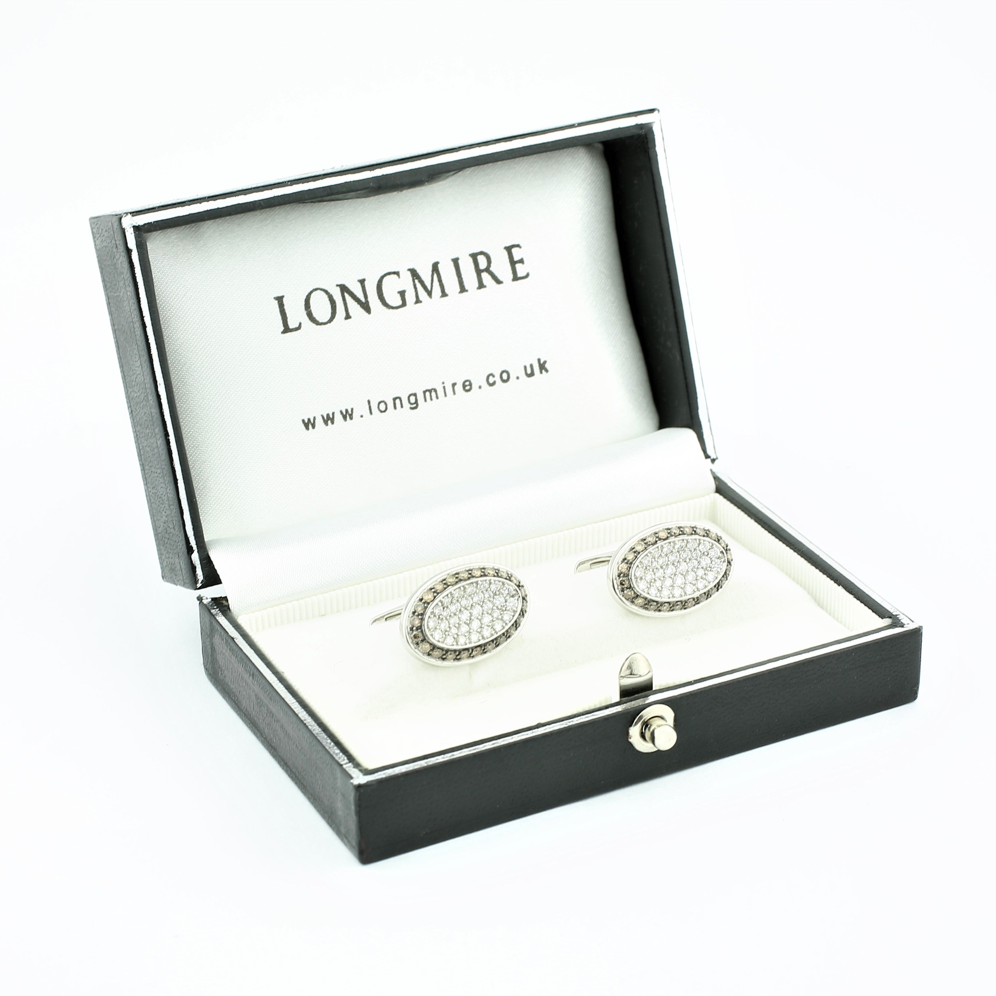 cognac and white diamond oval 18ct white gold cufflinks - boxed