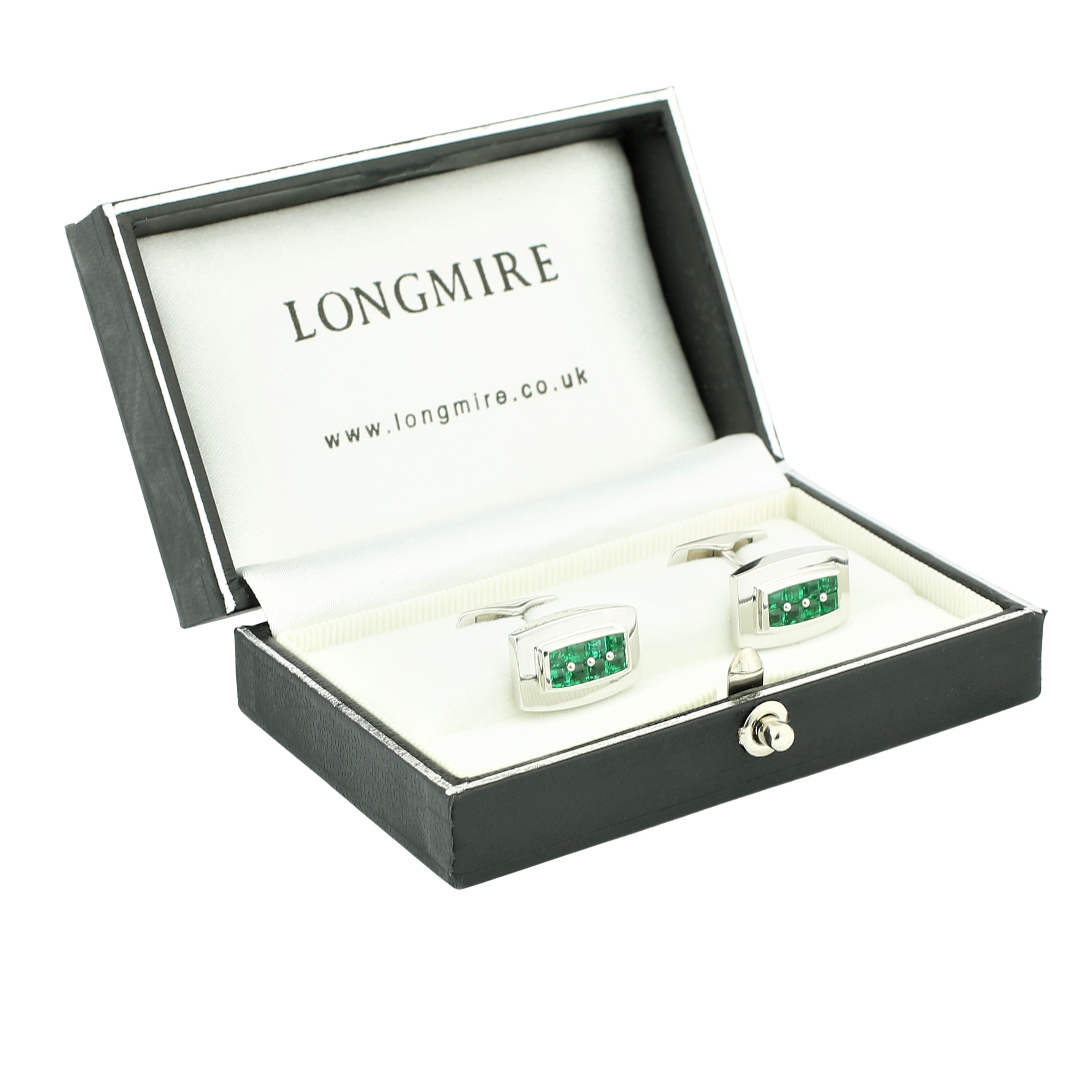 emerald set oblong 18k white gold cufflinks - boxed