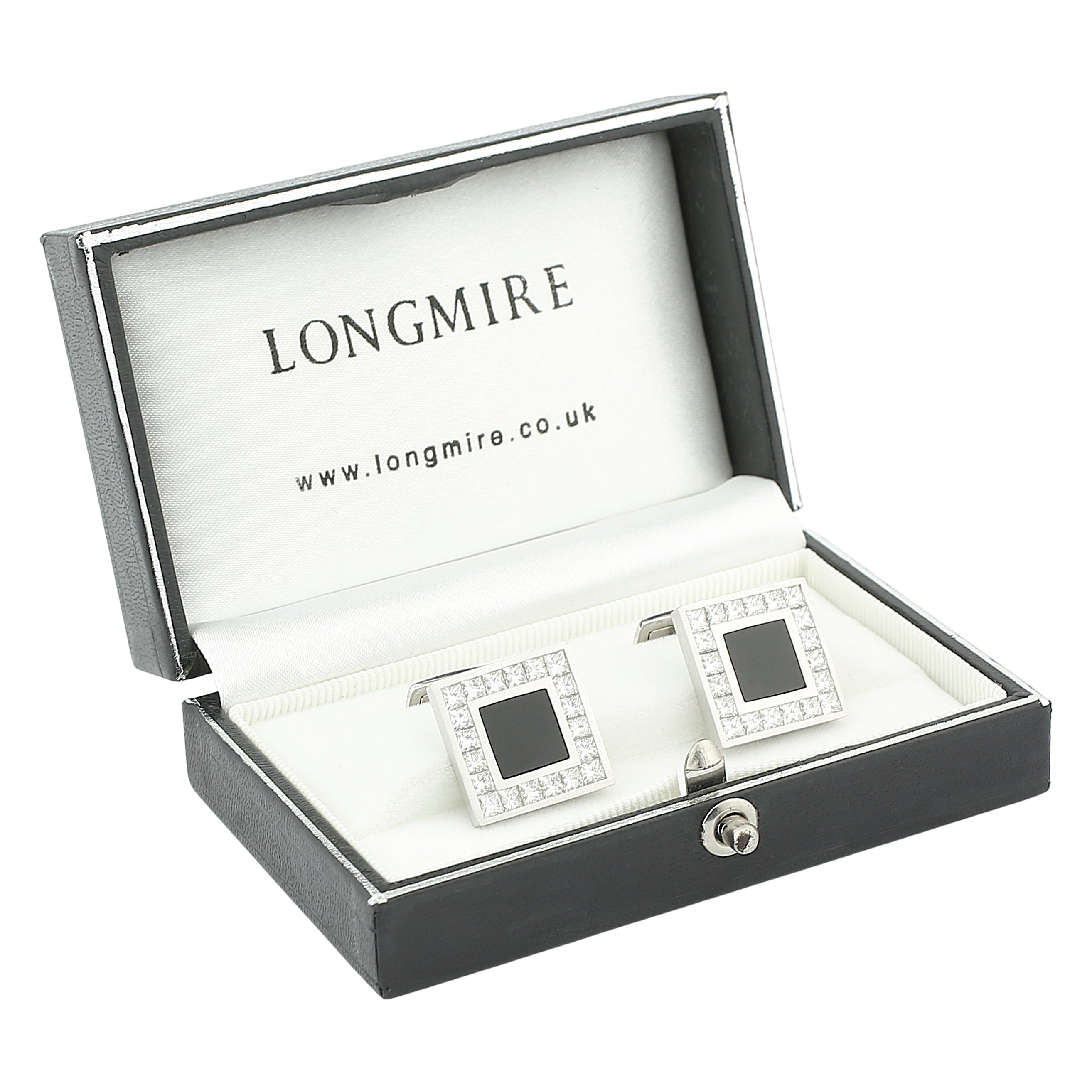 ONYX DIAMOND SQUARE 18ct WHITE GOLD CUFFLINKS - boxed