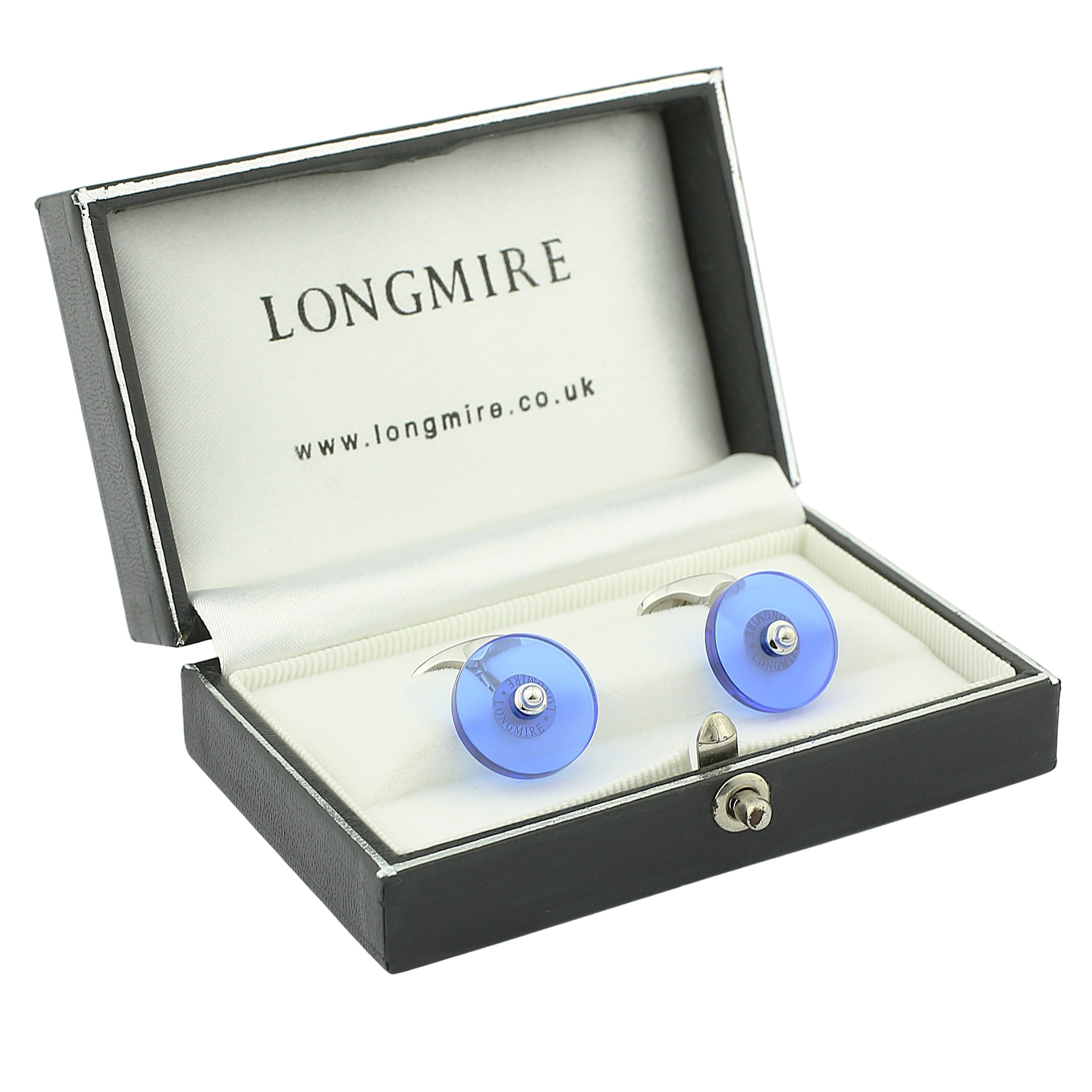 Blue SPINEL DISC 18ct WHITE GOLD CUFFLINKS - boxed