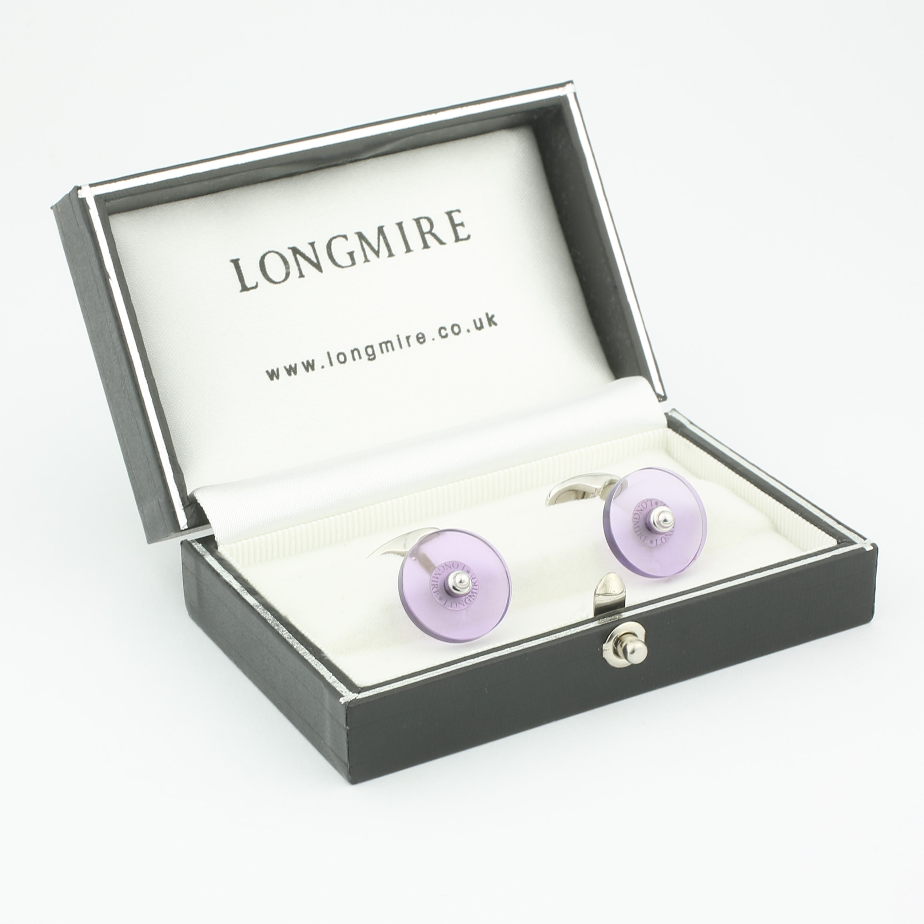 amethyst disc cufflinks 18ct white gold -boxed