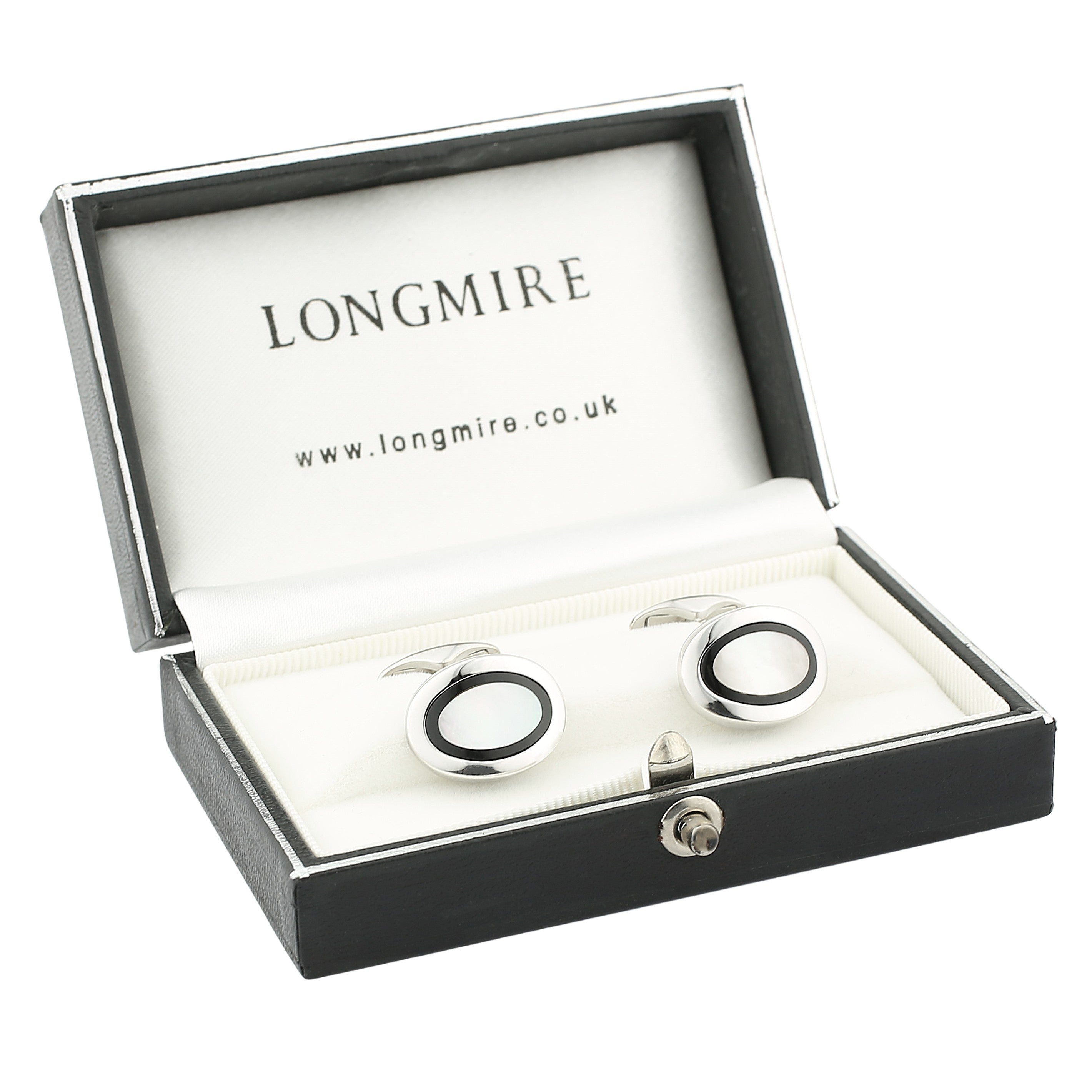 ONYX AND MOTHER OF PEARL 18ct WHITE GOLD CUFFLINKS - boxed