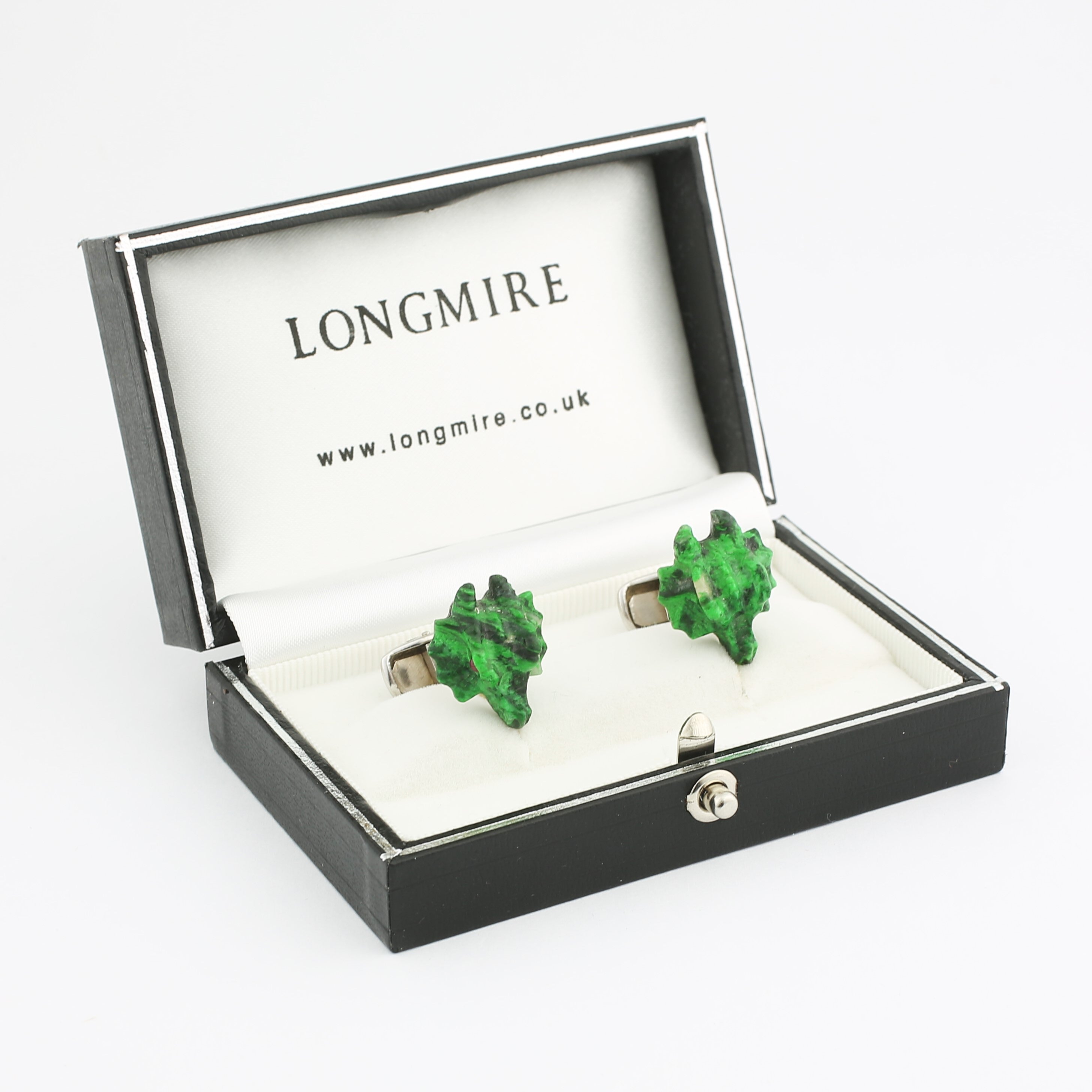 jade dragon head with ruby eyes 18ct white gold cufflinks - boxed