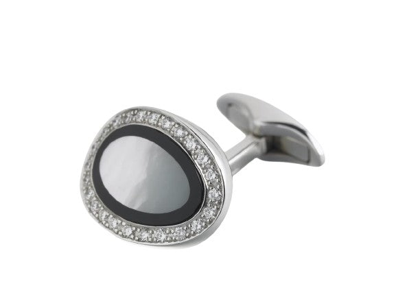 DIAMOND SET ONYX AND MOTHER OF PEARL 18ct WHITE GOLD CUFFLINKS