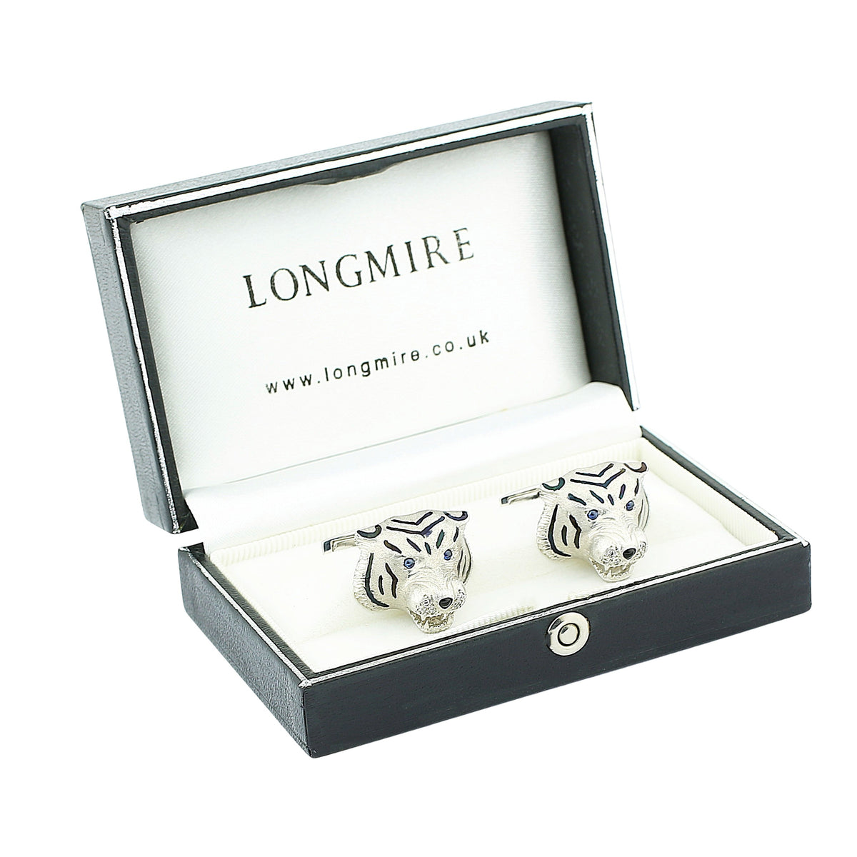 tiger head sapphire onyx diamond 18ct white gold cufflinks - boxed