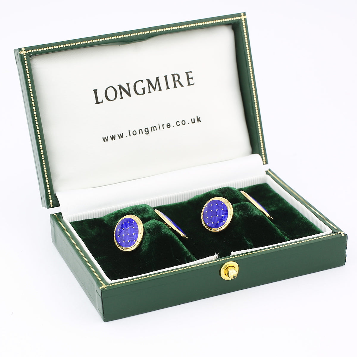 basket weave gold/blue enamel 9ct yellow gold cufflinks - boxed