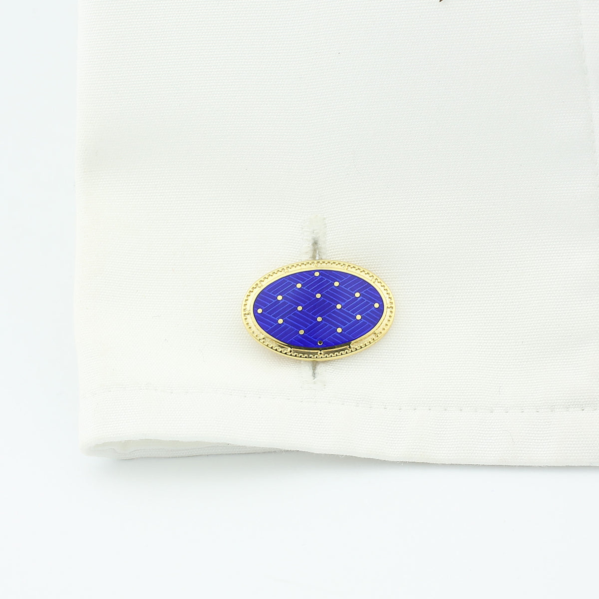 basket weave gold/blue enamel 9ct yellow gold cufflinks - cuff