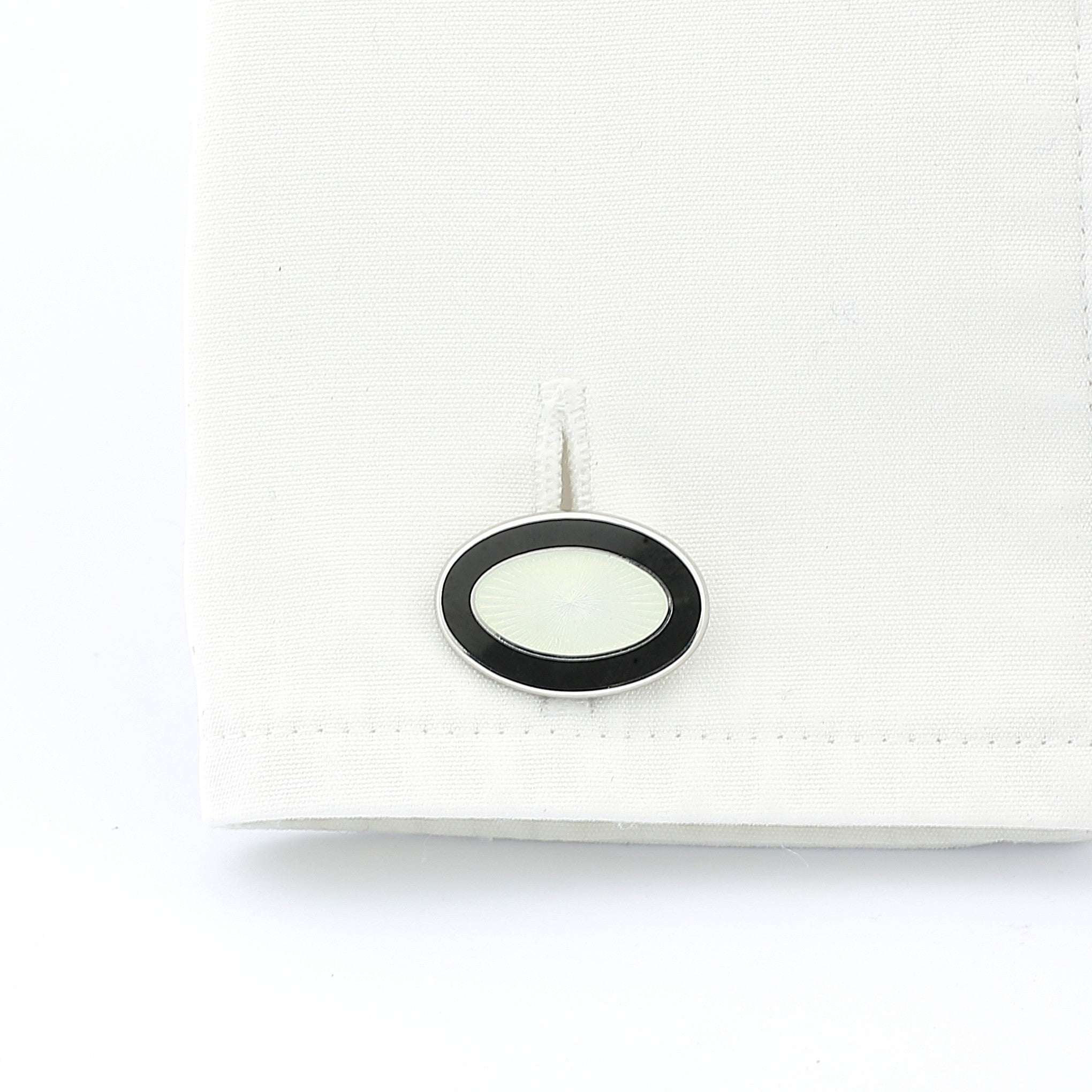 DOUBLE OVAL BLACK/WHITE ENAMEL sterling silver CUFFLINKS - cuff