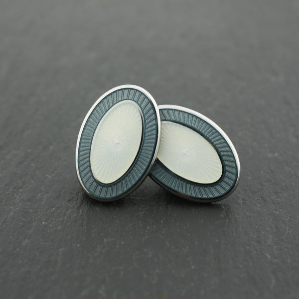 Double oval grey and white cufflinks in enamel on sterling silver on slate