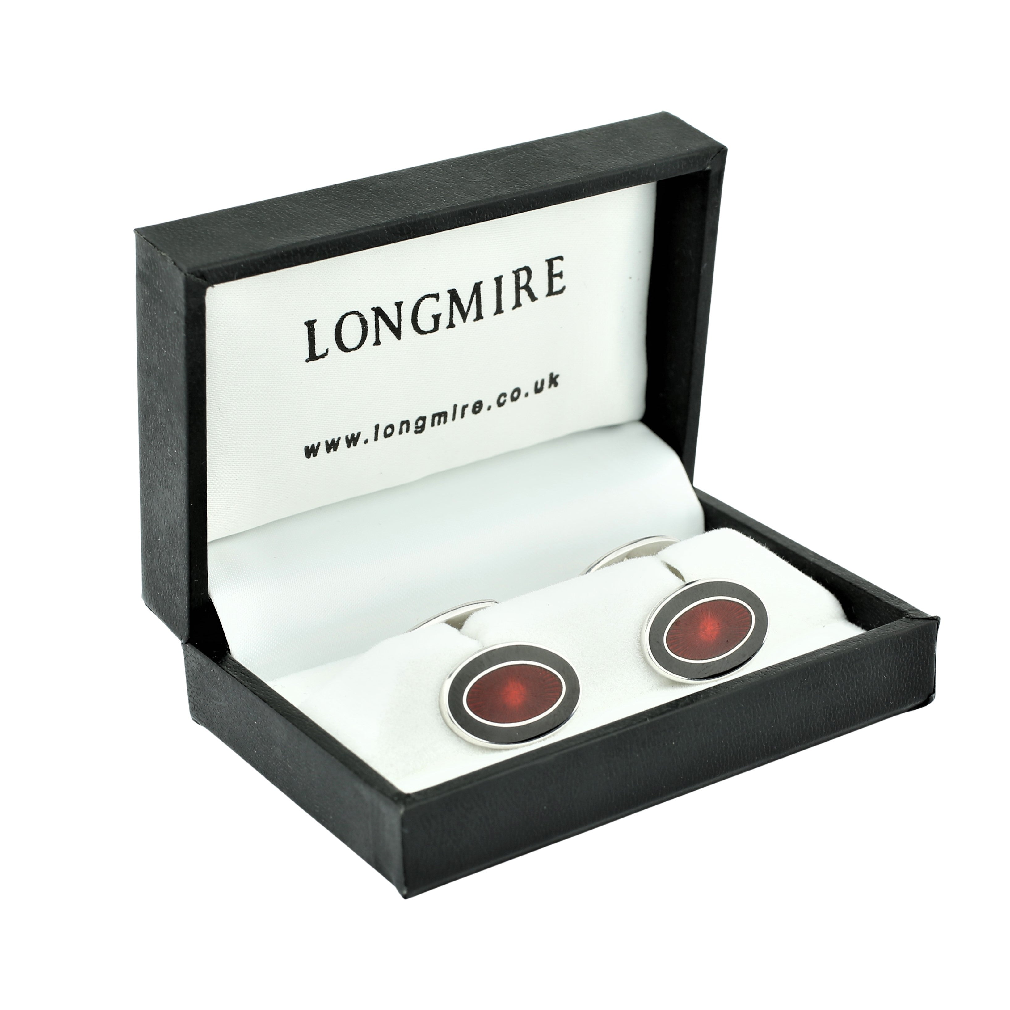 DOUBLE OVAL BLACK/RED ENAMEL sterling silver CUFFLINKS - boxed