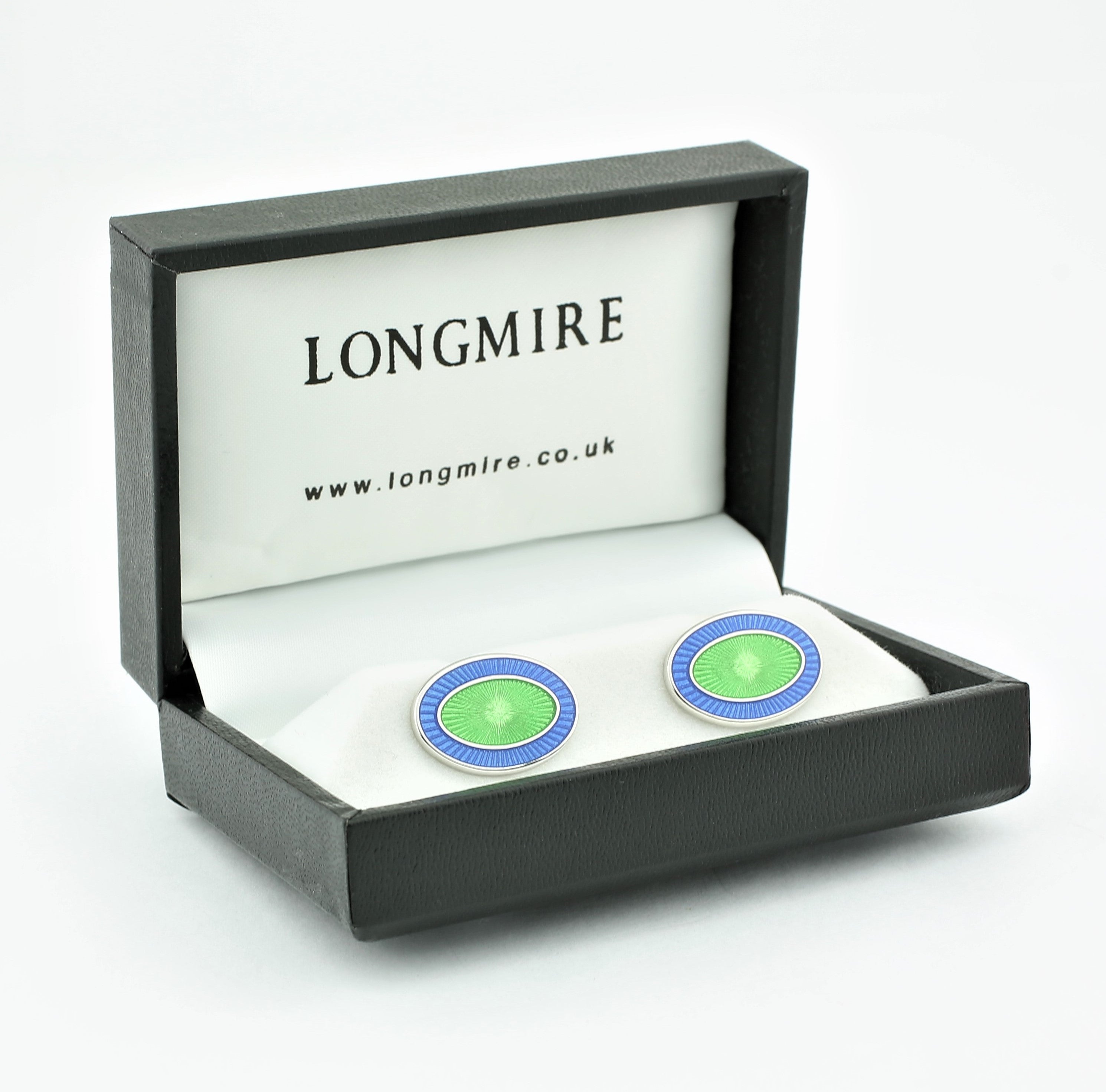 double oval pale blue/pale green enamel sterling silver t-bar cufflinks - boxed