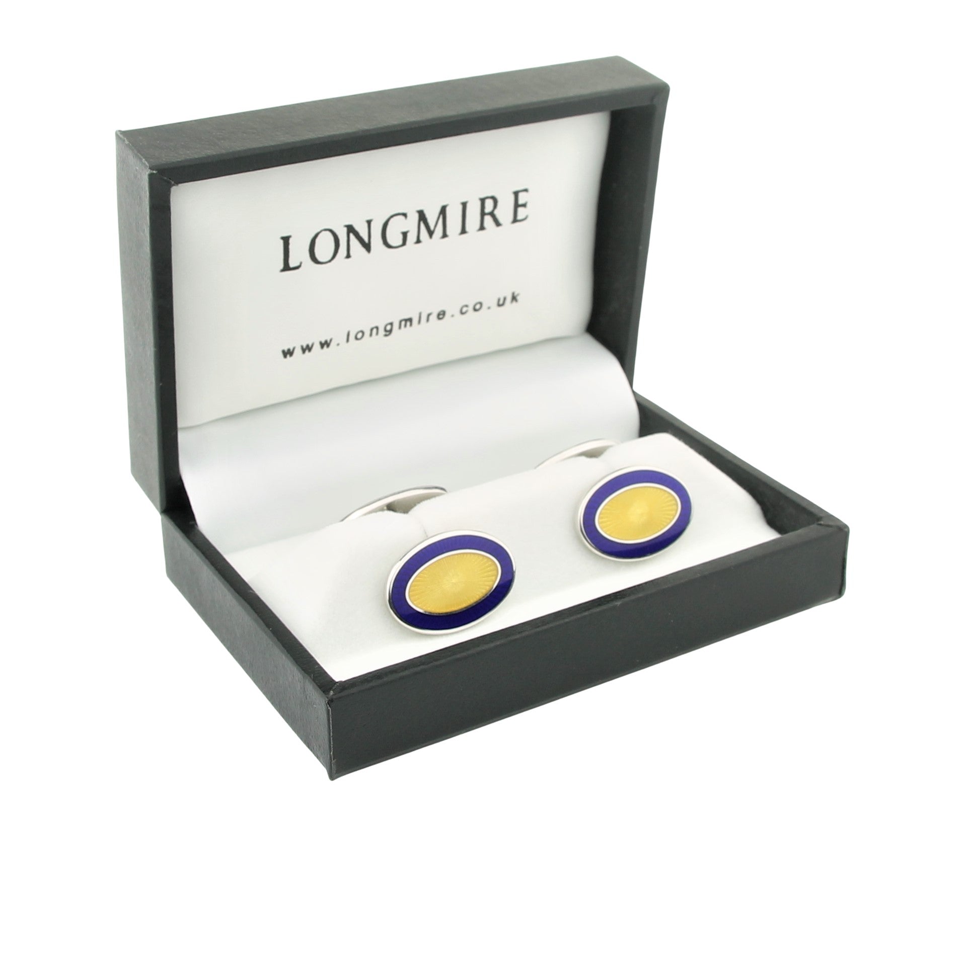 DOUBLE OVAL BLUE/YELLOW ENAMEL sterling silver CUFFLINKS - boxed