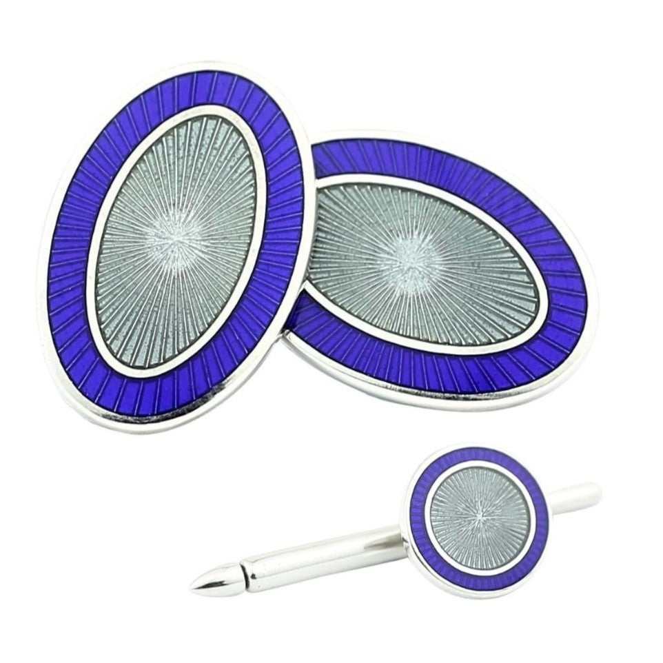 DOUBLE OVAL BLUE/GREY ENAMEL sterling silver dress set - main