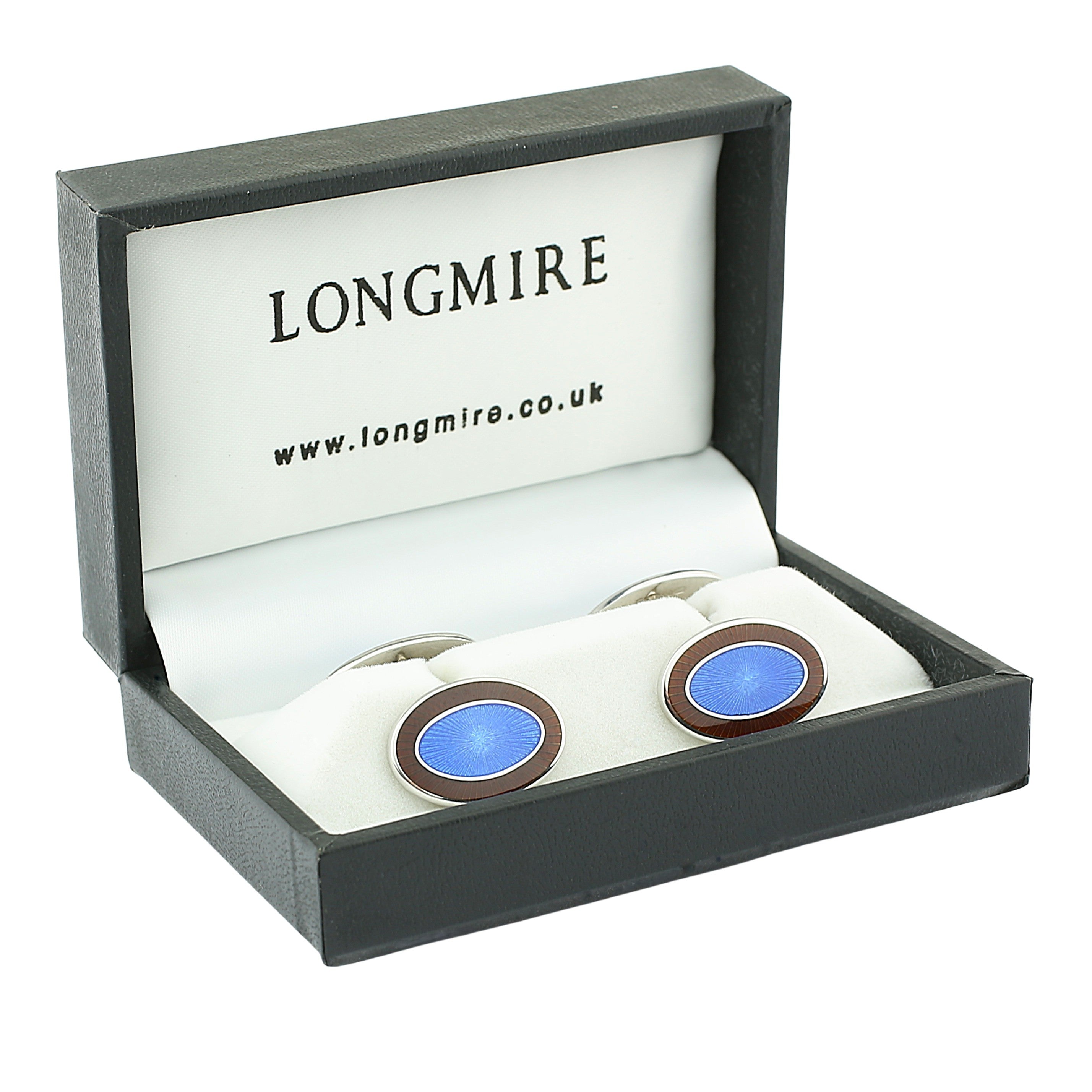 DOUBLE OVAL chocolate BROWN/BLUE ENAMEL sterling silver CUFFLINKS - boxed
