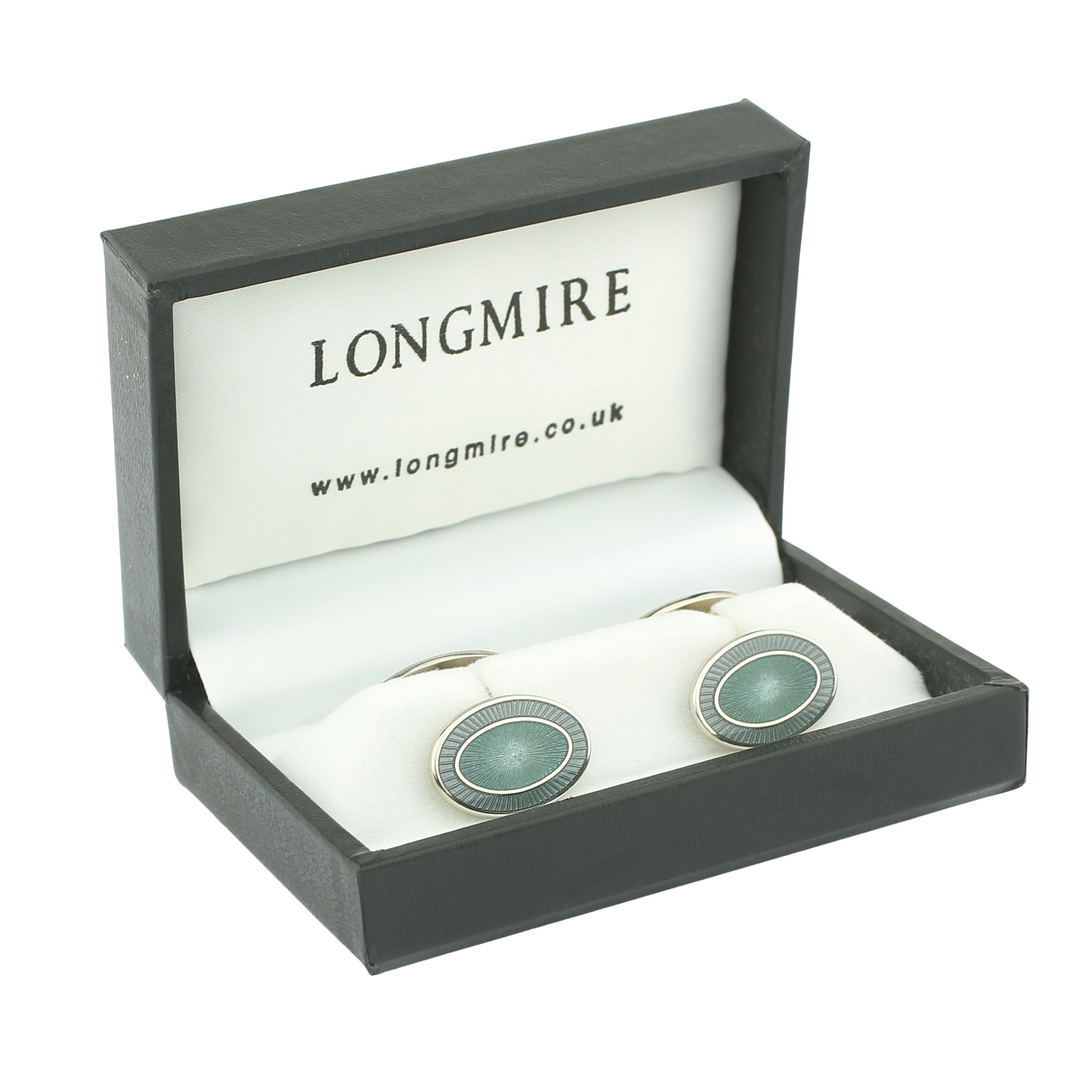 double oval graphite grey/sea green enamel sterling silver cufflinks - boxed