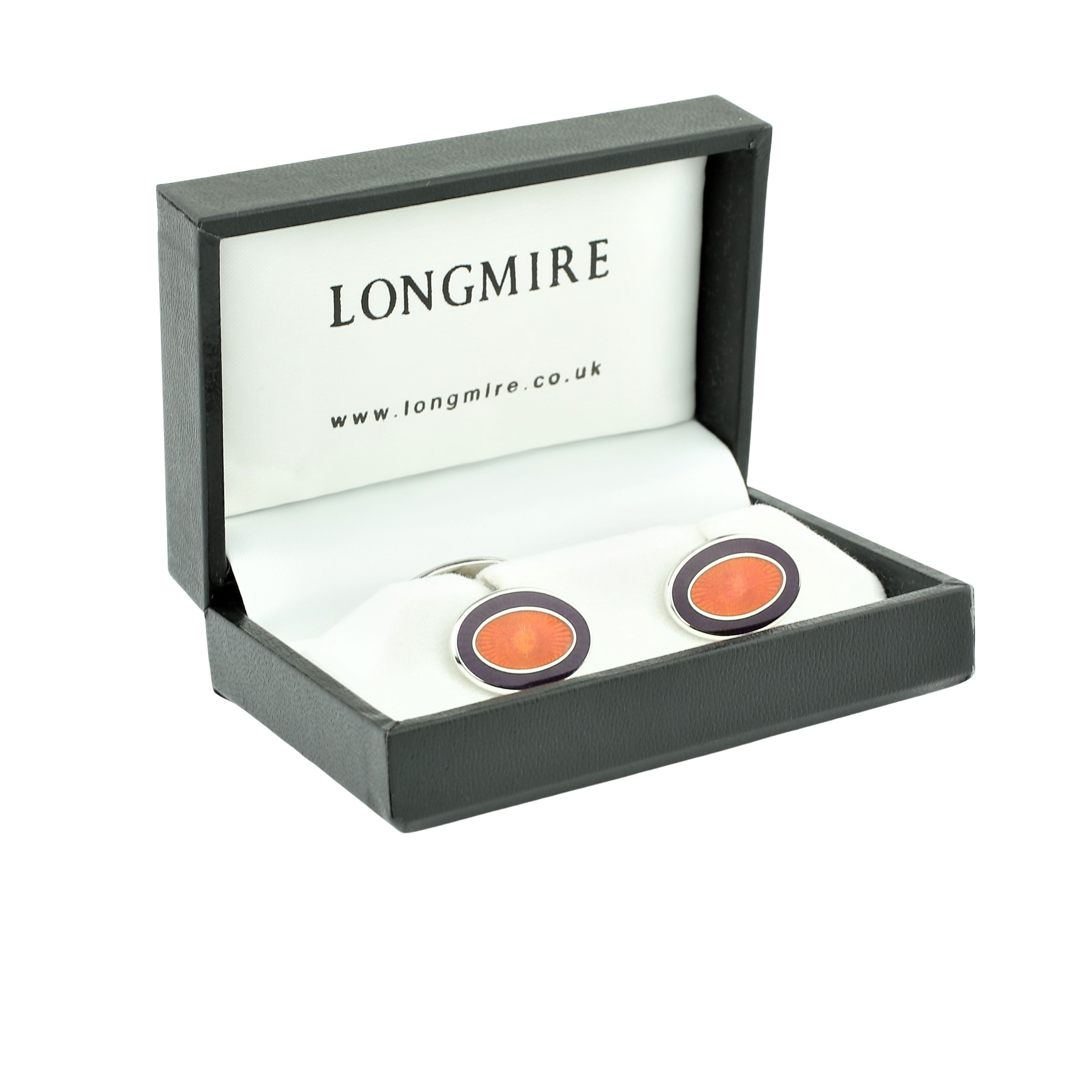 DOUBLE OVAL AUBERGINE/ORANGE ENAMEL sterling silver CUFFLINKS - boxed