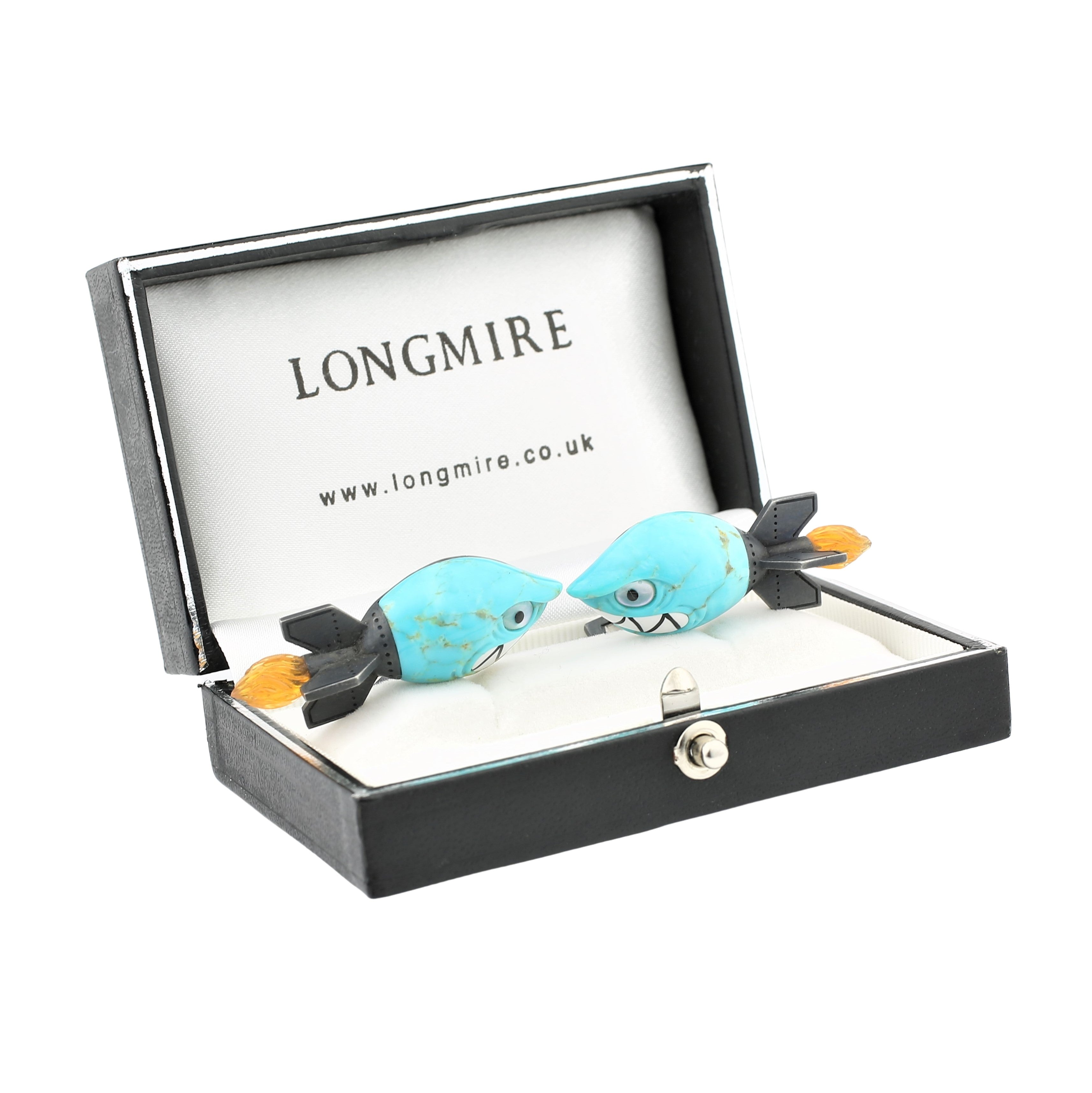 shark torpedo turquoise sterling silver cufflinks - boxed