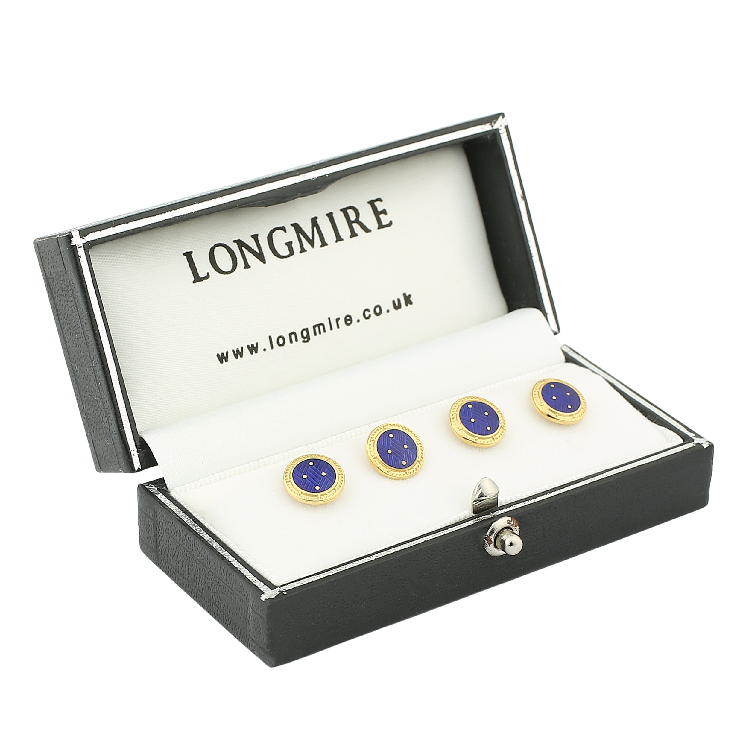 basket weave navy blue 18ct yellow gold shirt studs - boxed