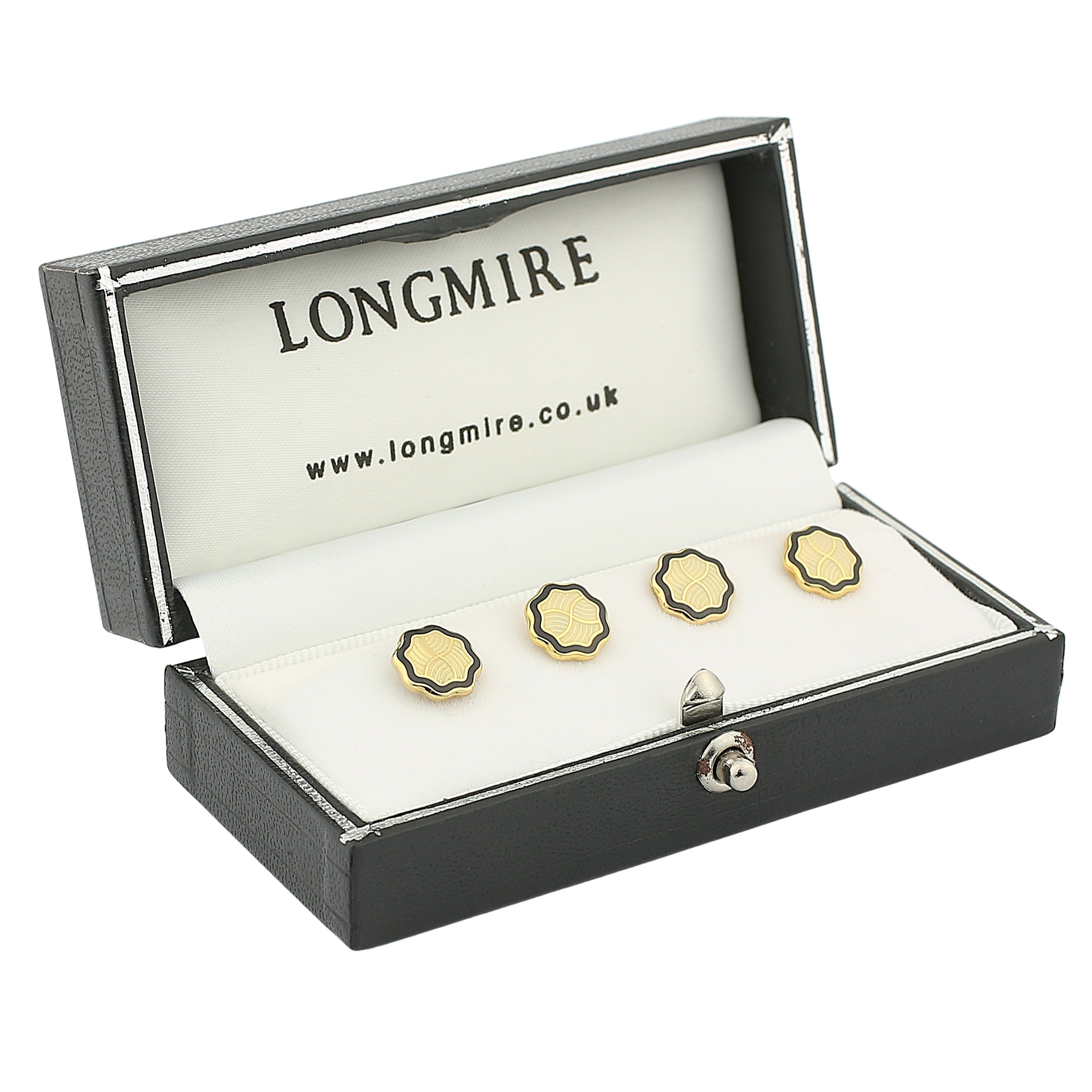 wavy black/cream 18ct yellow gold shirt studs - boxed