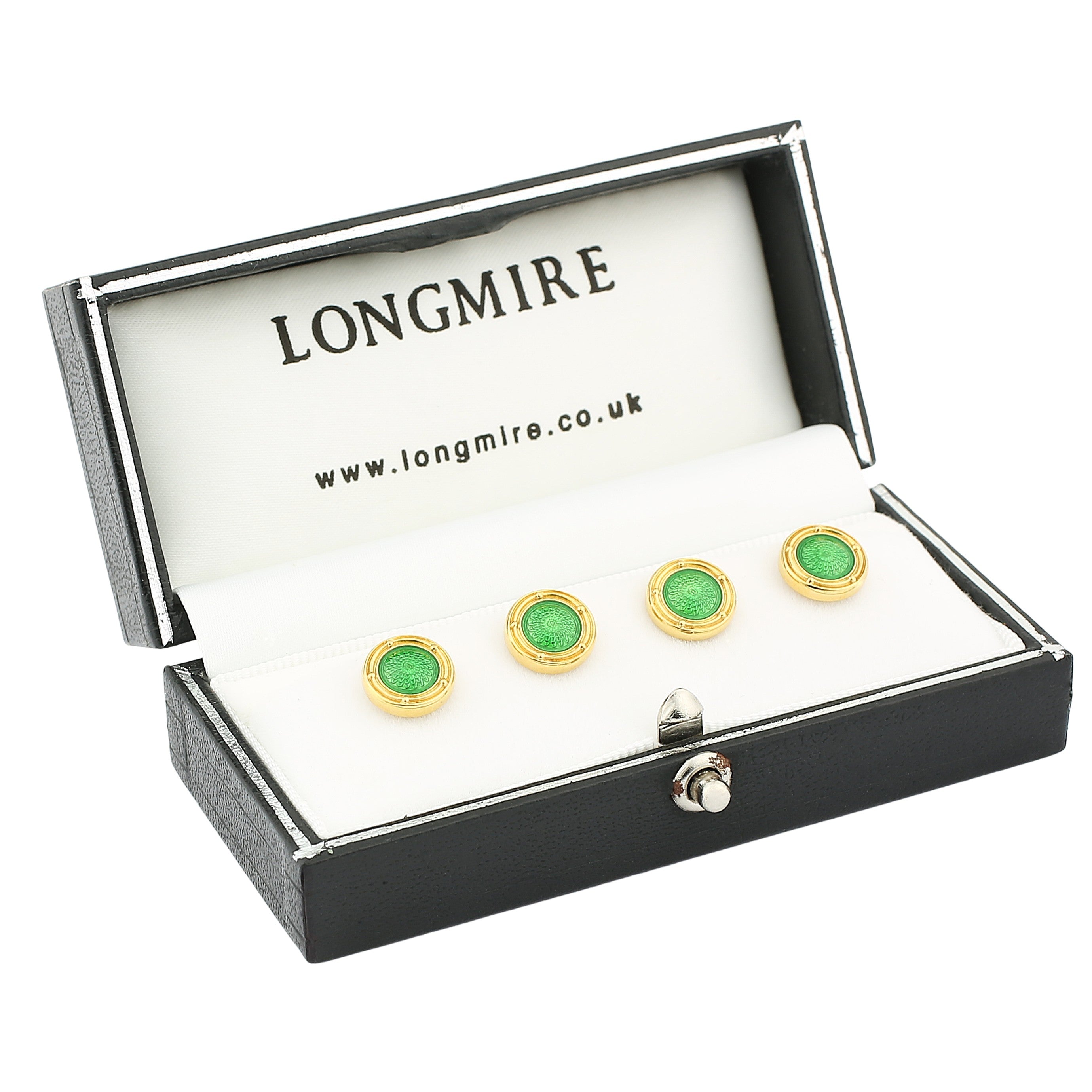 spiral translucent emerald green enamel 18ct yellow gold shirt studs - boxed