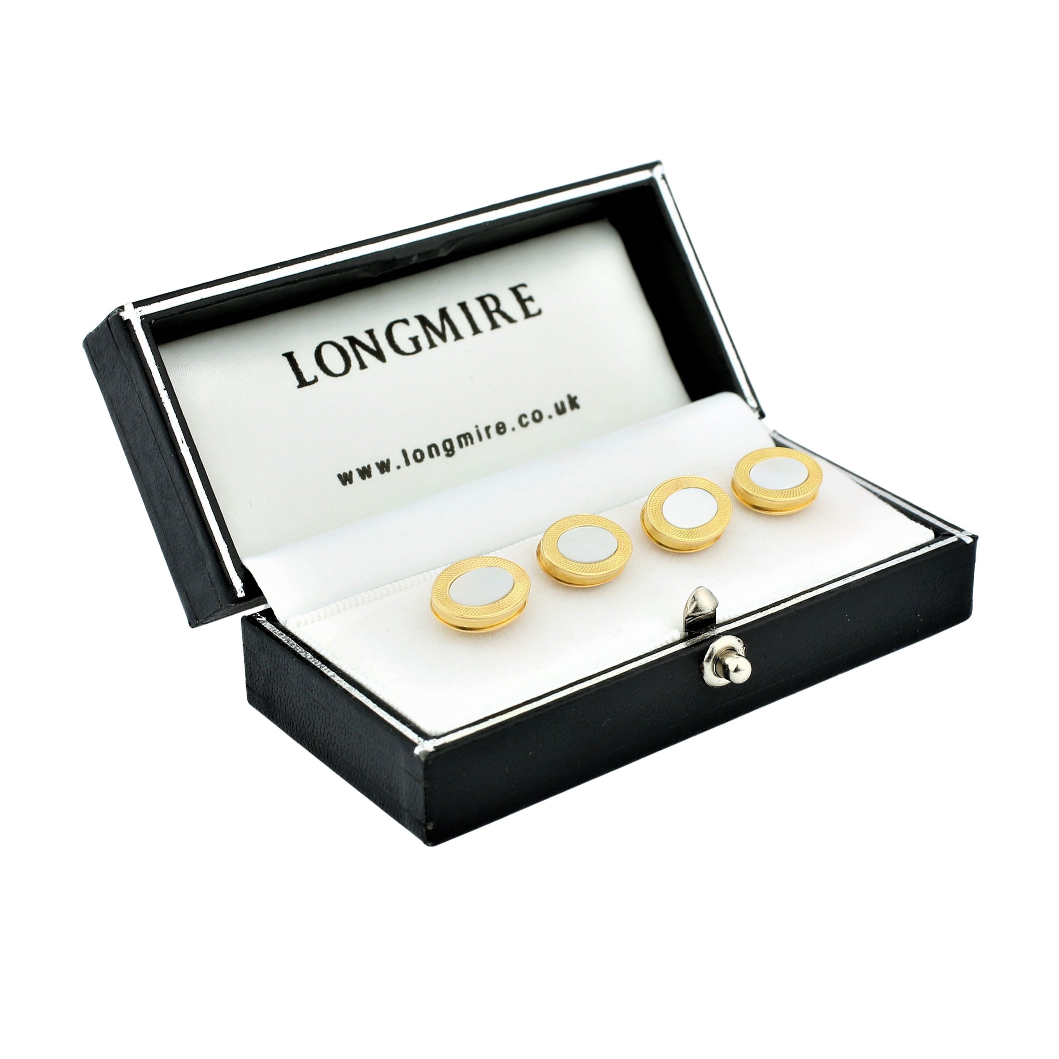 mother of pearl reeded edge 18ct yellow gold shirt studs - boxed