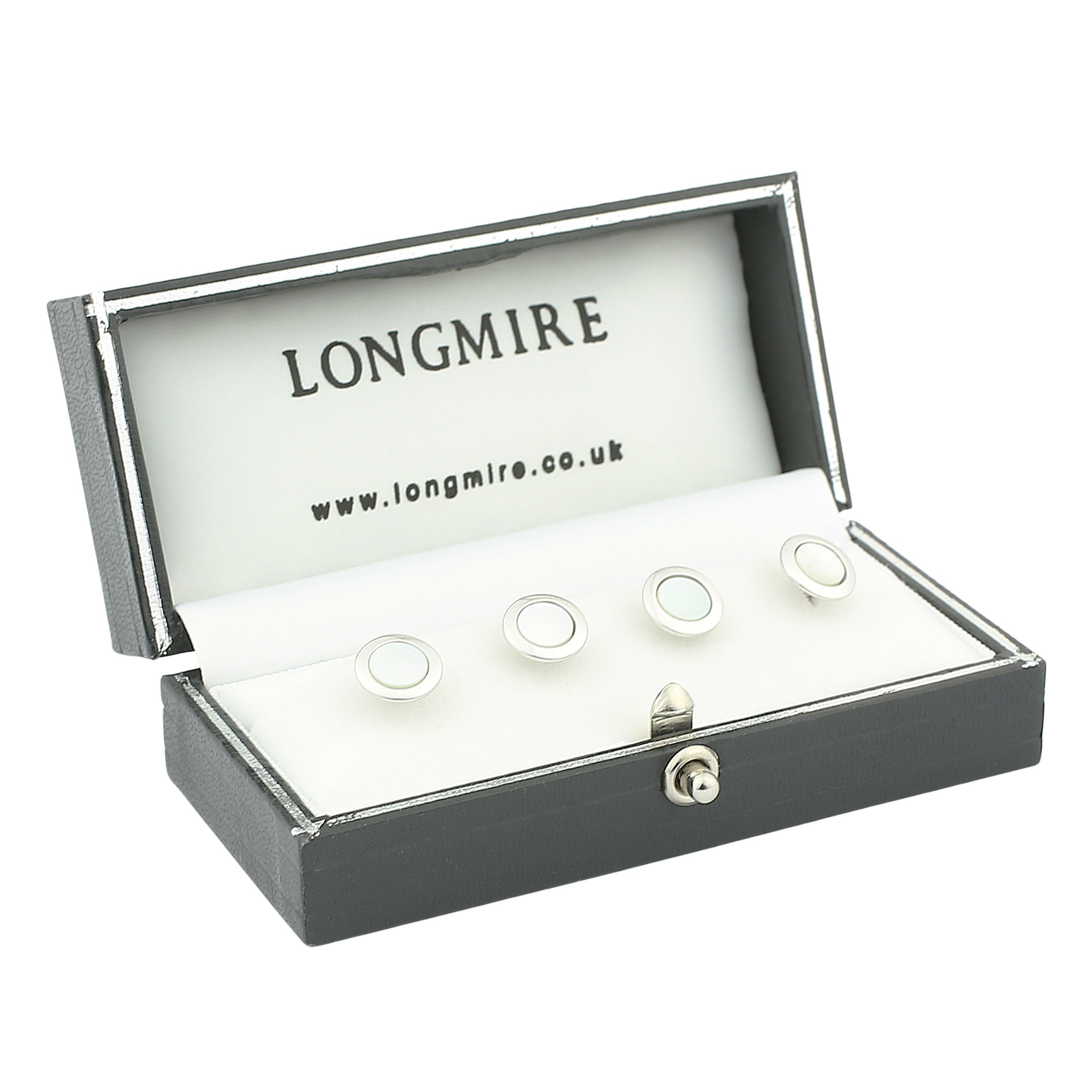 mother of pearl 18ct white gold shirt studs - boxed