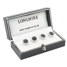 onyx reeded edge circular 18ct white gold shirt studs - boxed