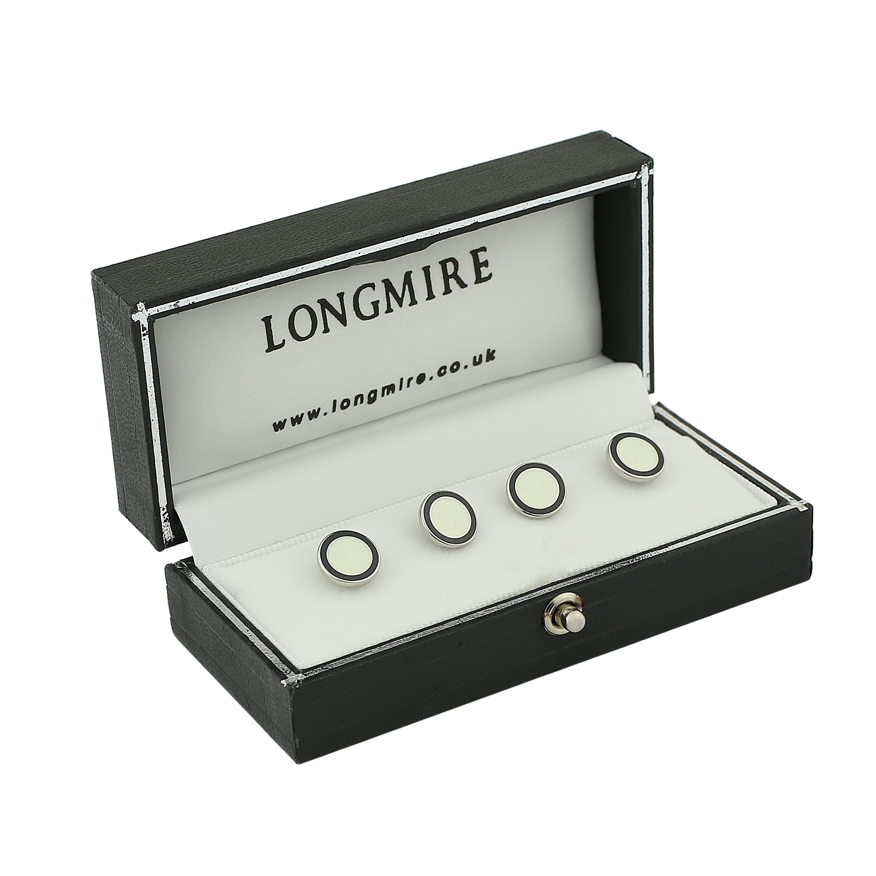 DOUBLE CIRCLE BLACK/WHITE ENAMEL sterling silver SHIRT STUDS - boxed