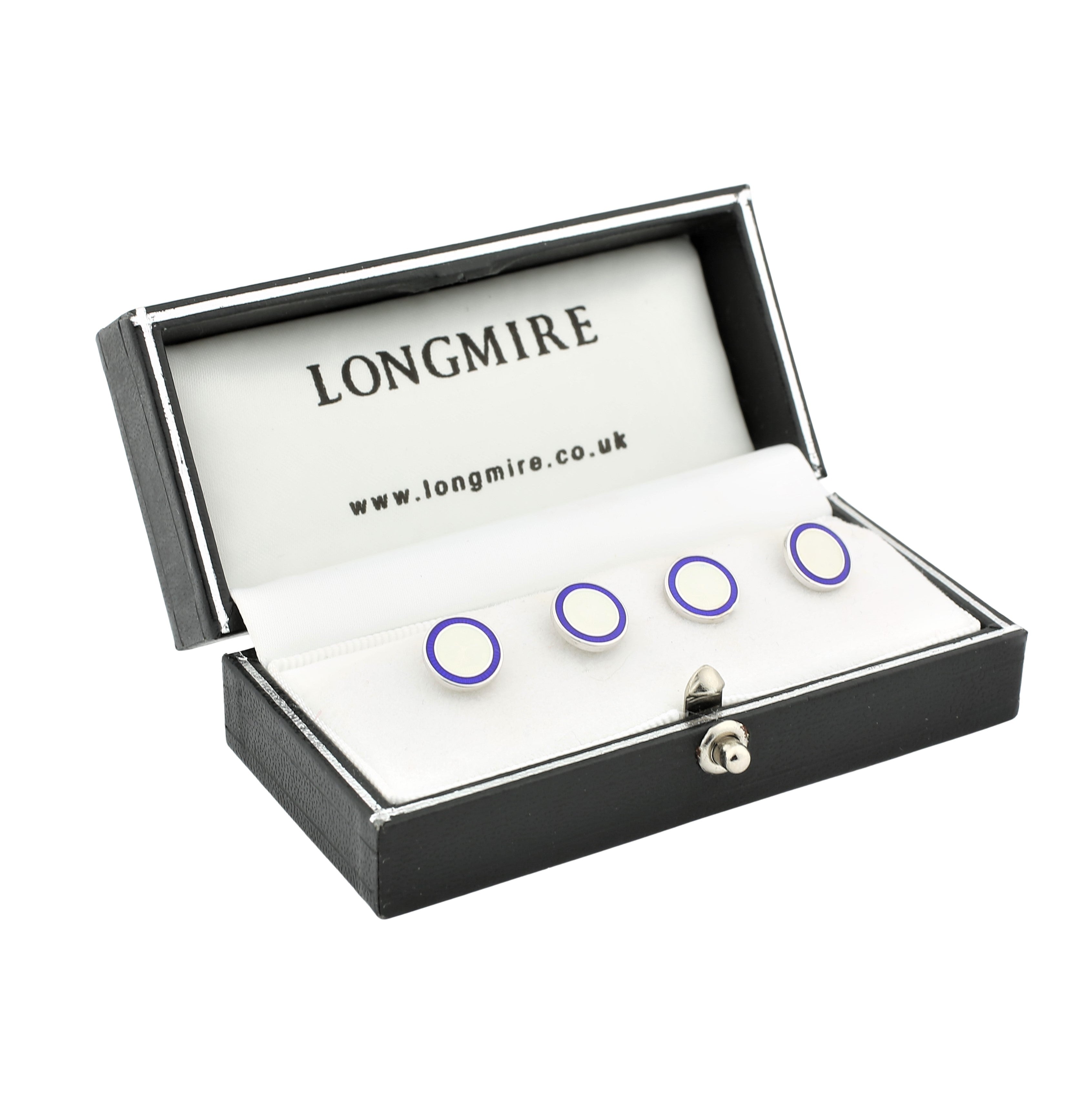 double circle blue/white enamel sterling silver shirt studs - boxed