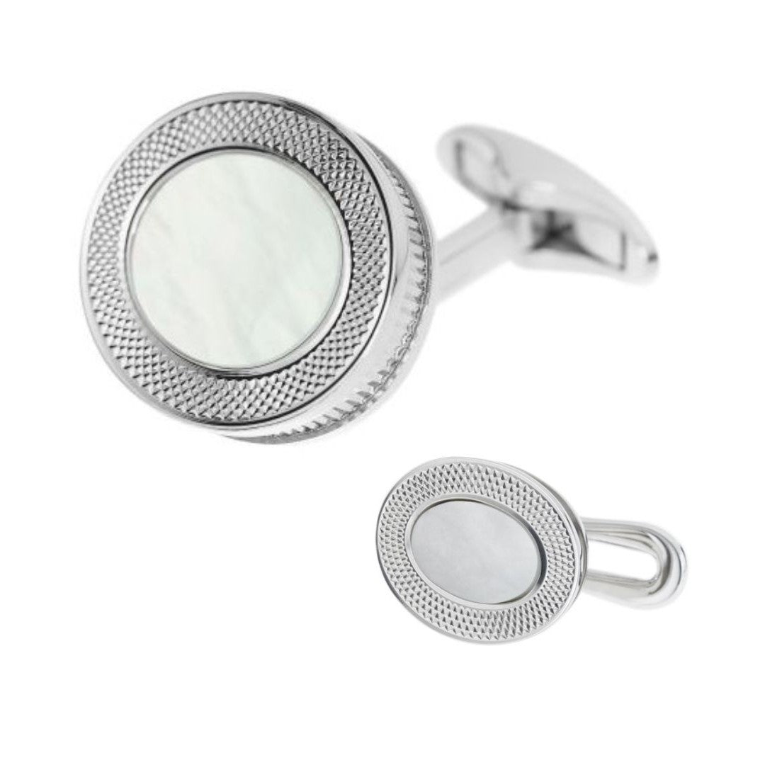 MOTHER OF PEARL WITH REEDED EDGE OVAL DRESS SET 18ct WHITE GOLD - main