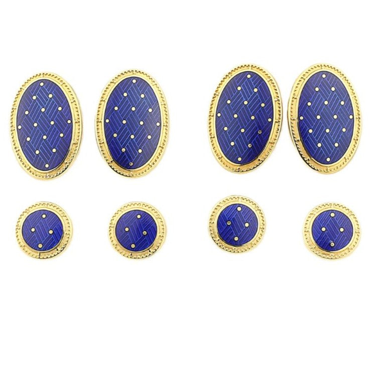 basket weave blue enamel dress set 18ct yellow gold - boxed