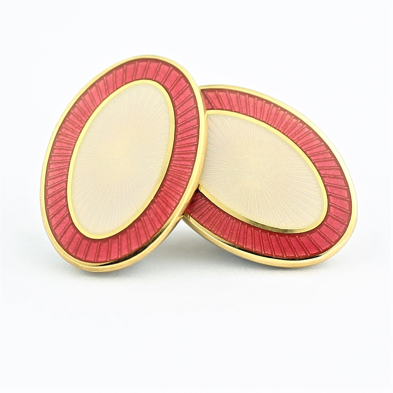 DOUBLE OVAL PINK/CREAM ENAMEL 18ct YELLOW GOLD CUFFLINKS - front