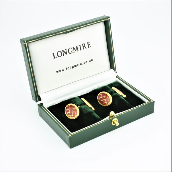 FIELD RED ENAMEL 18ct YELLOW GOLD CUFFLINKS - boxed