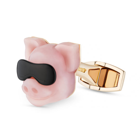 Cool pig cufflinks in 18k rose gold - side view