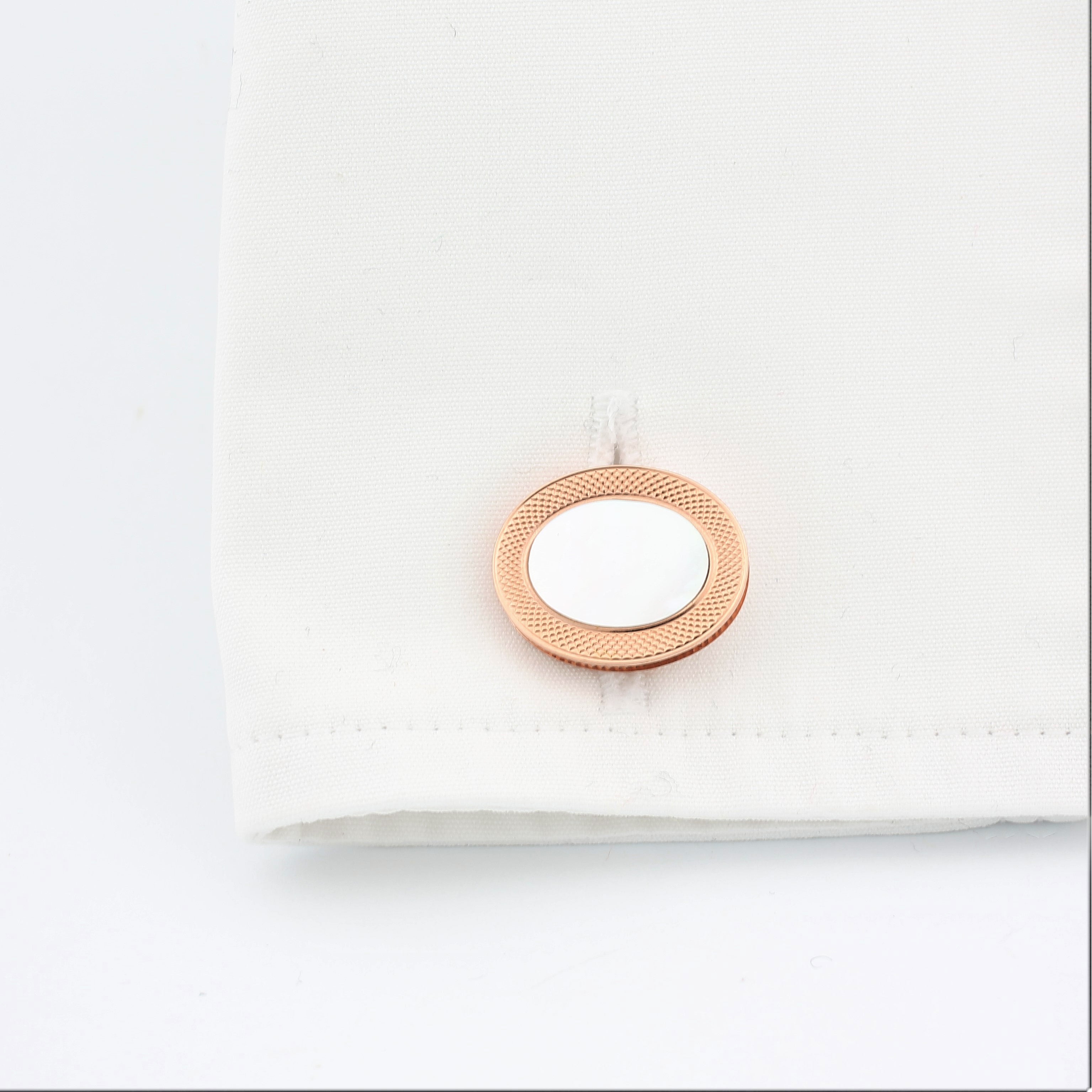 MOTHER OF PEARL - REEDED EDGE - OVAL 18ct ROSE GOLD CUFFLINKS - cuff