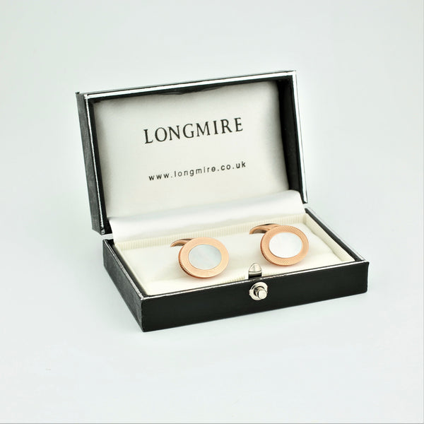 MOTHER OF PEARL - REEDED EDGE - OVAL 18ct ROSE GOLD CUFFLINKS - boxed