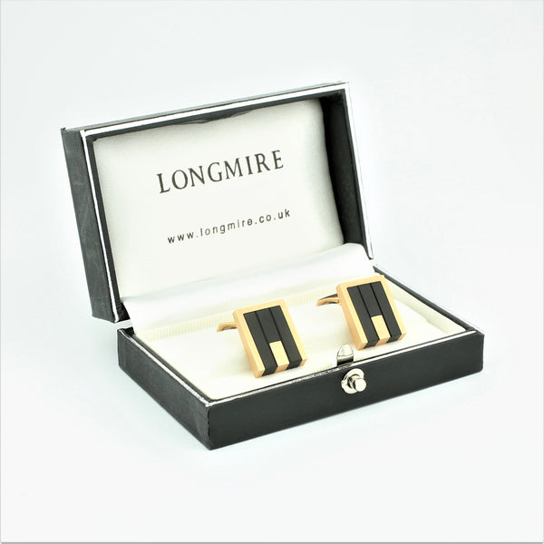 ONYX WEDGE - GROOVED AND WITH INSET 18ct ROSE GOLD CUFFLINKS - BOXED