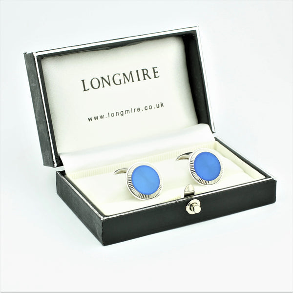 BLUE ENAMEL FLUTED 18ct WHITE GOLD CUFFLINKS - BOXED